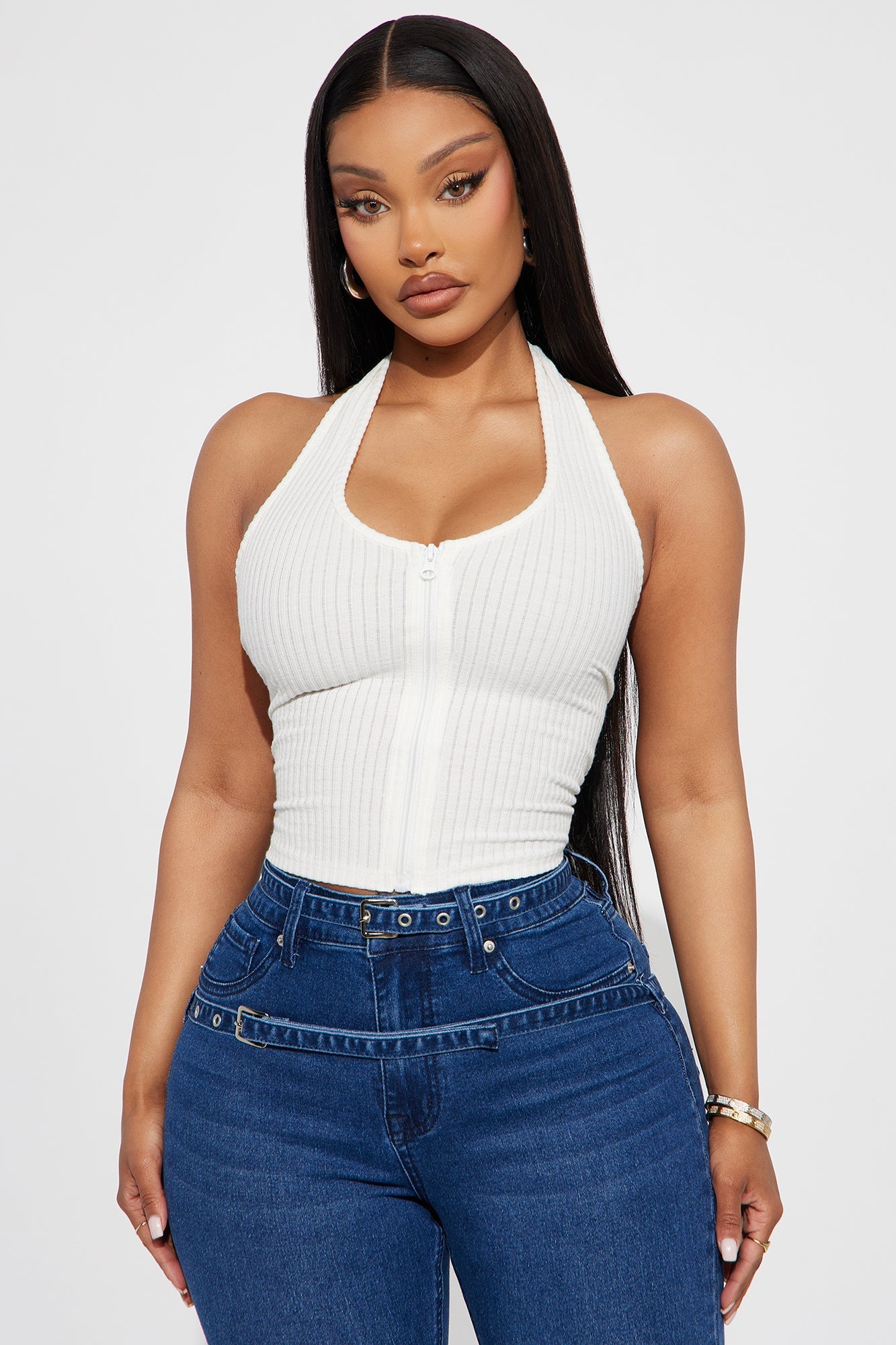 Jessi Ribbed Halter Top - White