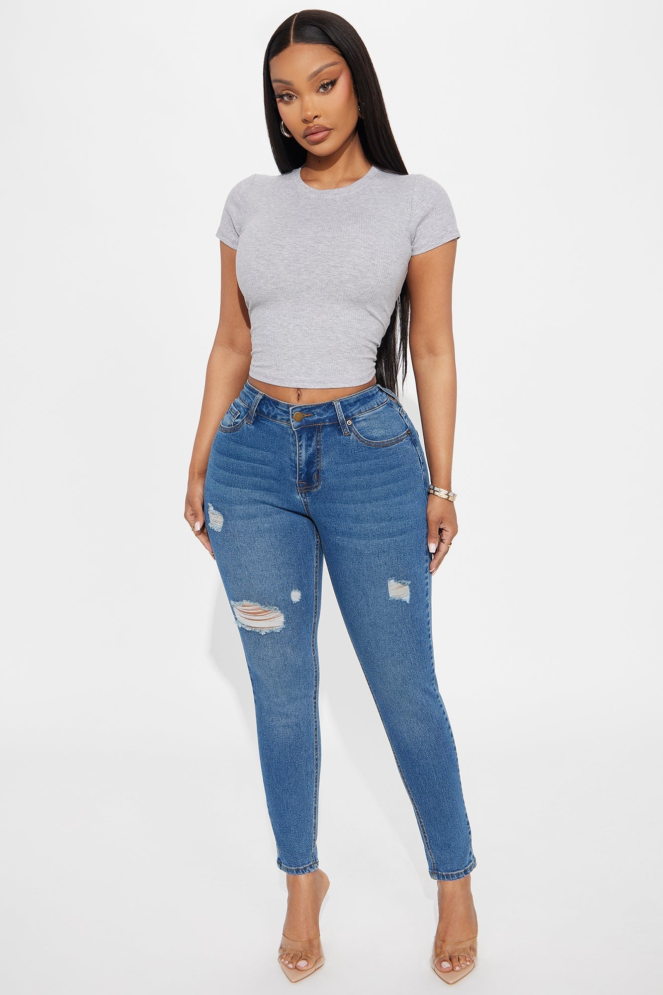 Vibe Check Curvy Stretch Ripped Skinny Jeans - Medium Wash