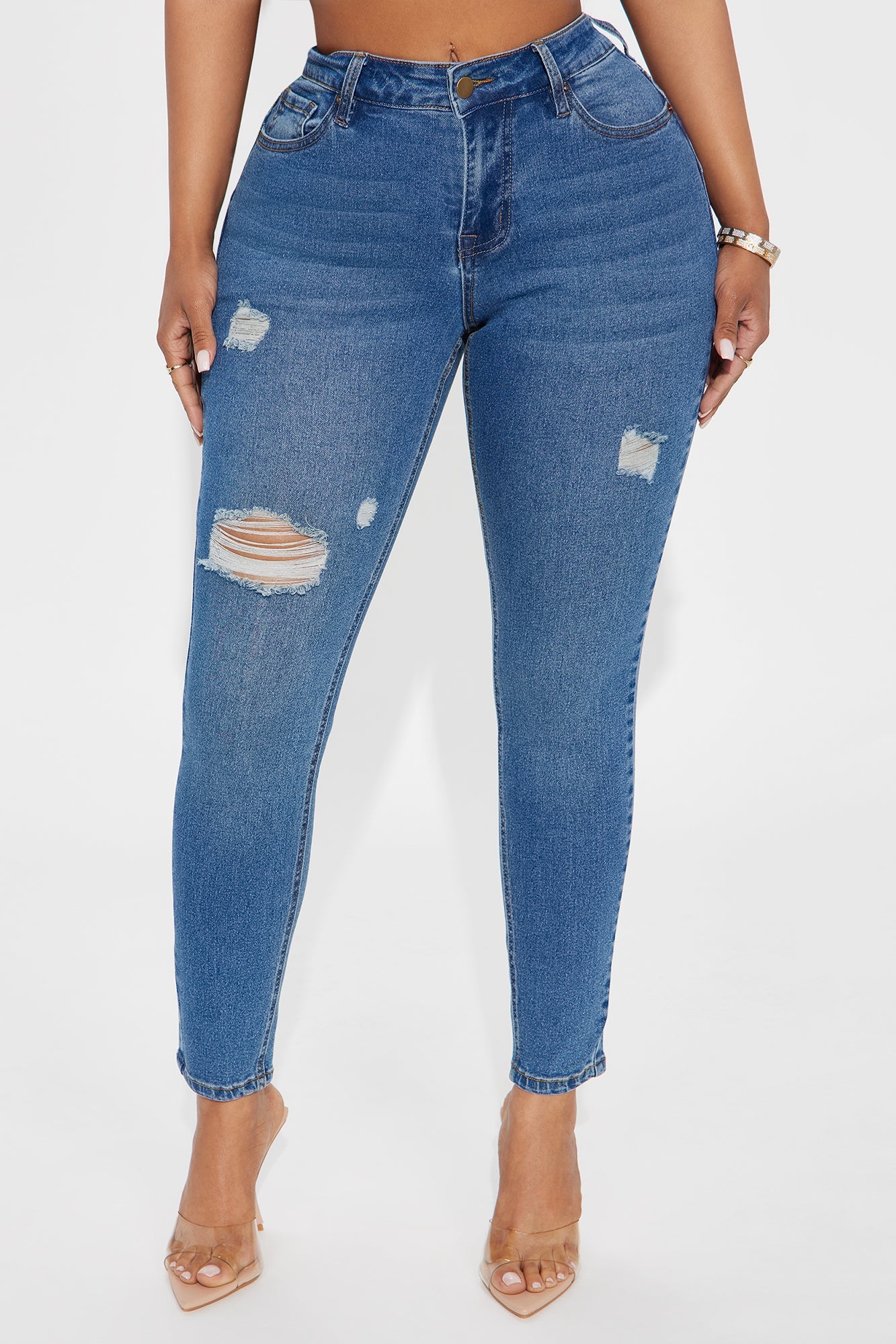 Vibe Check Curvy Stretch Ripped Skinny Jeans - Medium Wash