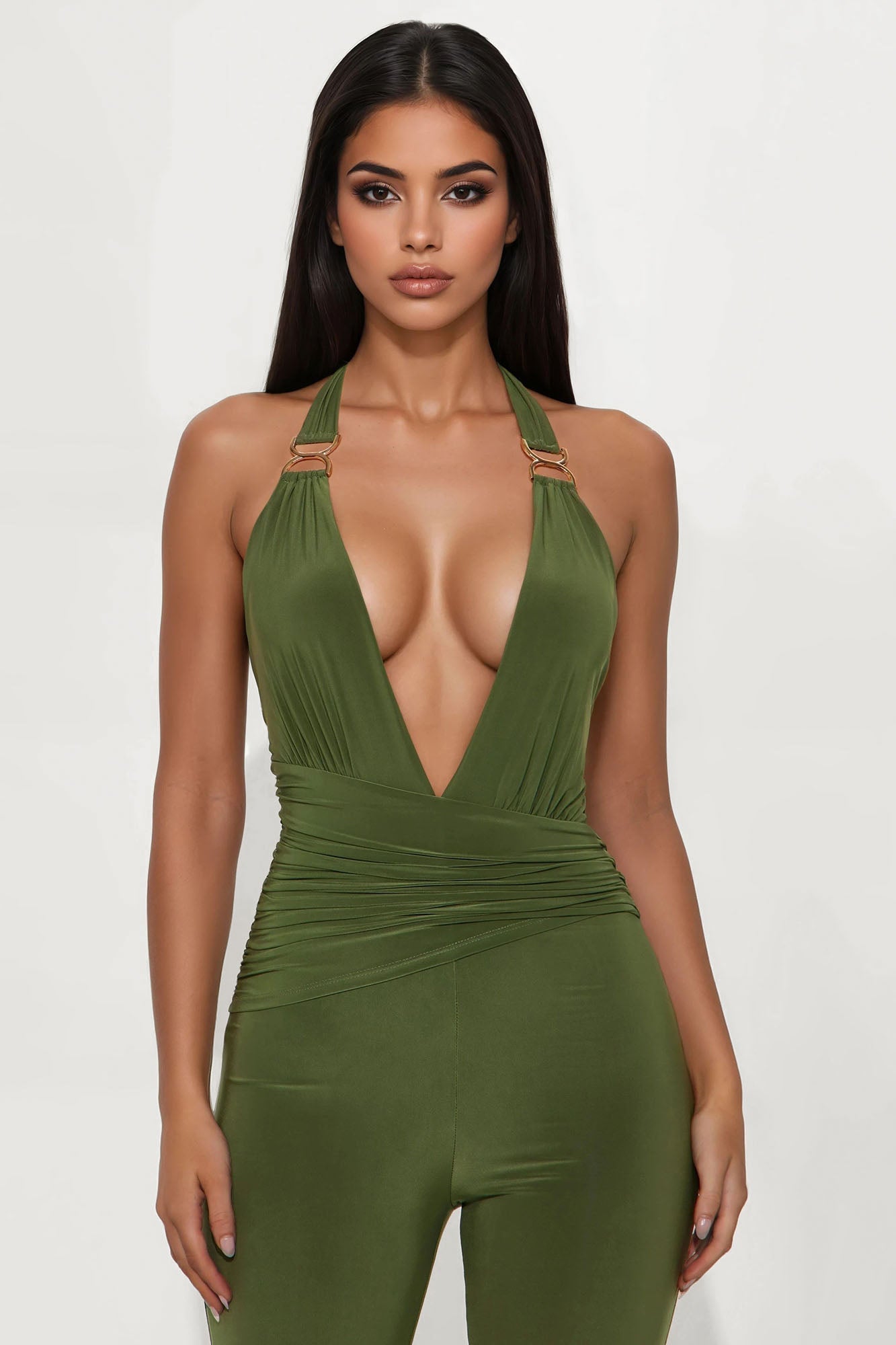 Kiara Ruched Halter Jumpsuit - Olive