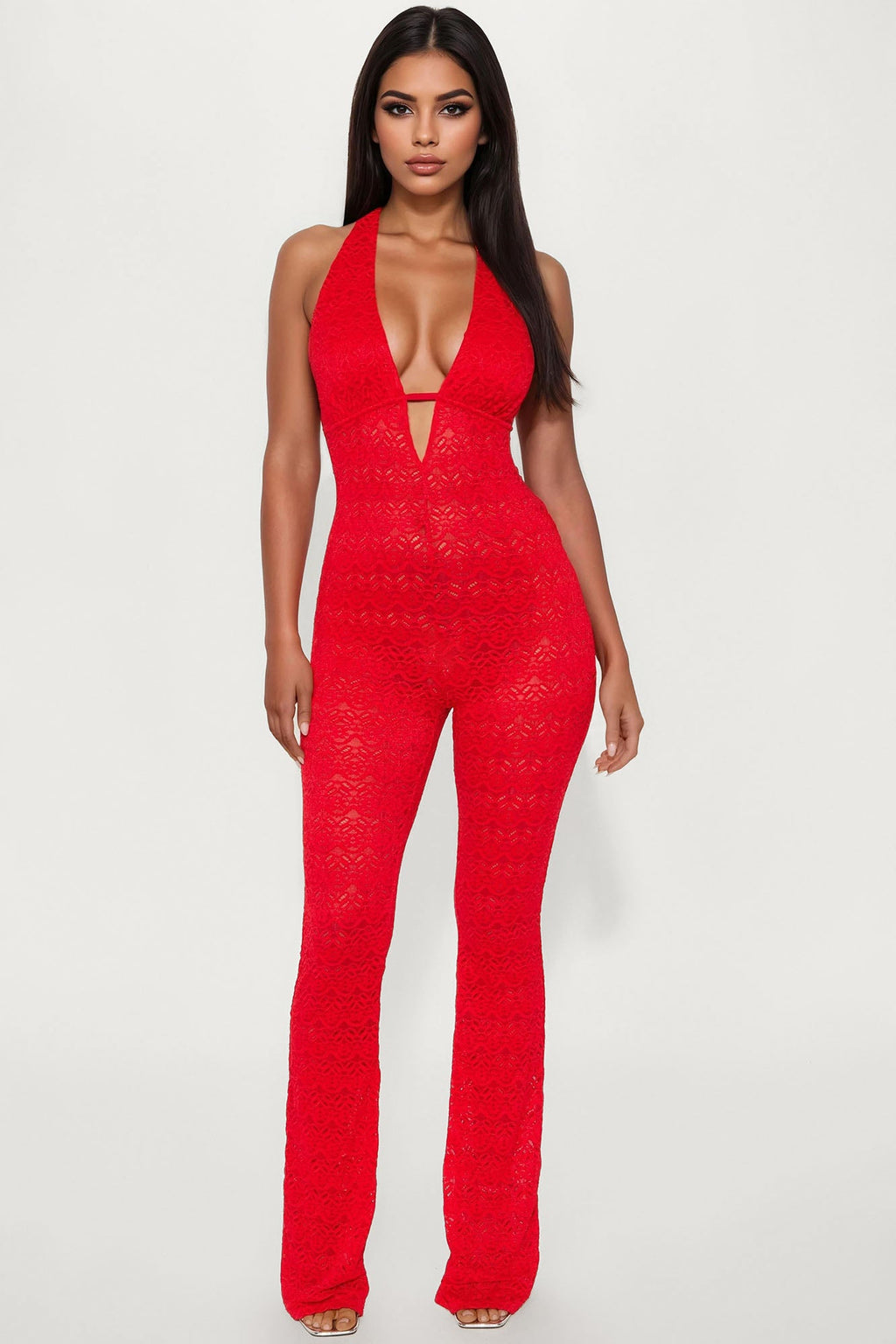 Feeling Your Heat Lace Halter Jumpsuit - Red