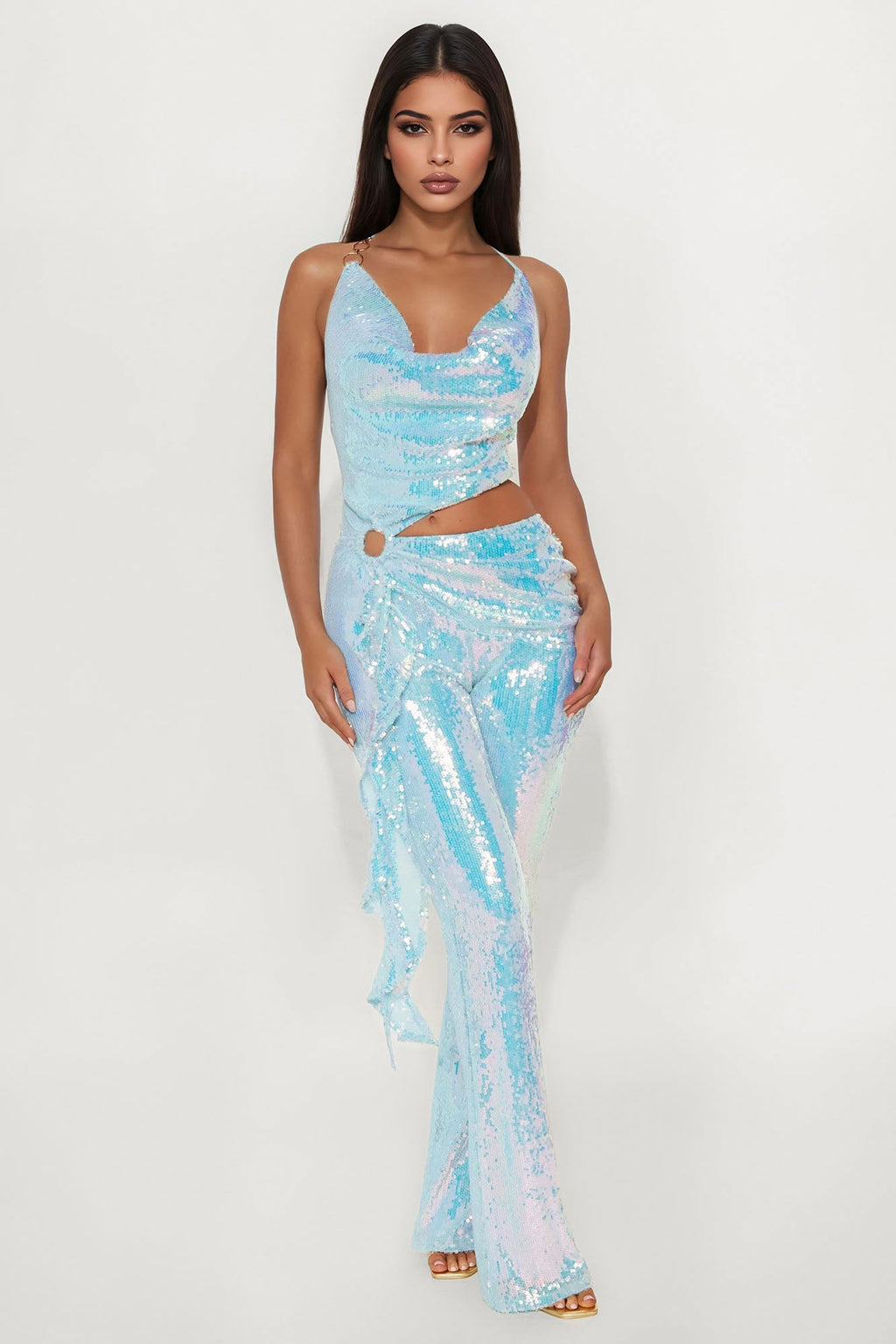 Dorothy Sequin Halter Flare LegJumpsuit - Blue