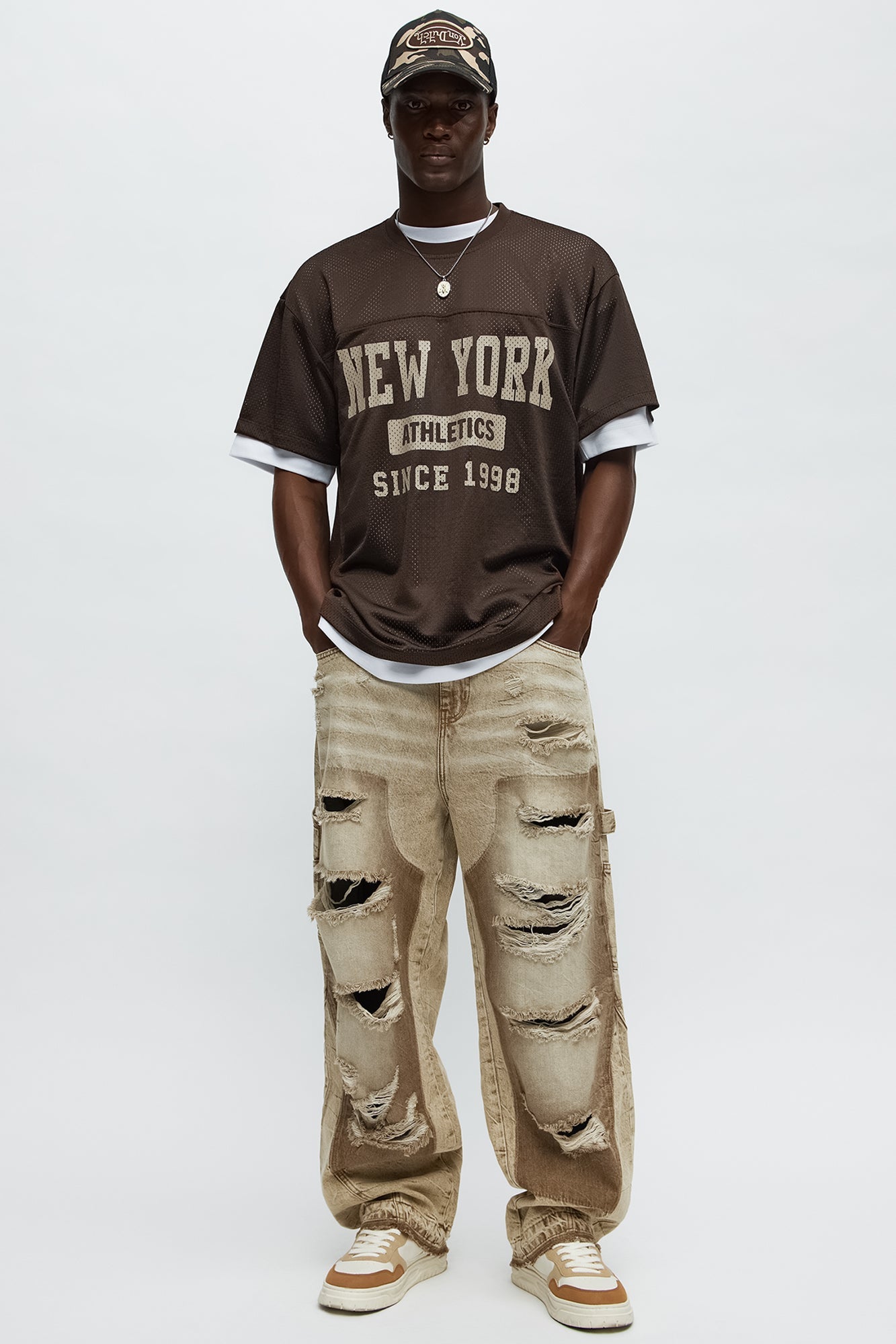 Fall Black Distressed Carpenter Baggy Jeans - Brown