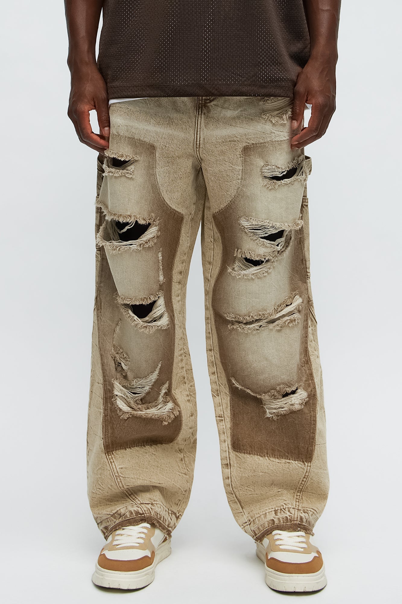 Fall Black Distressed Carpenter Baggy Jeans - Brown