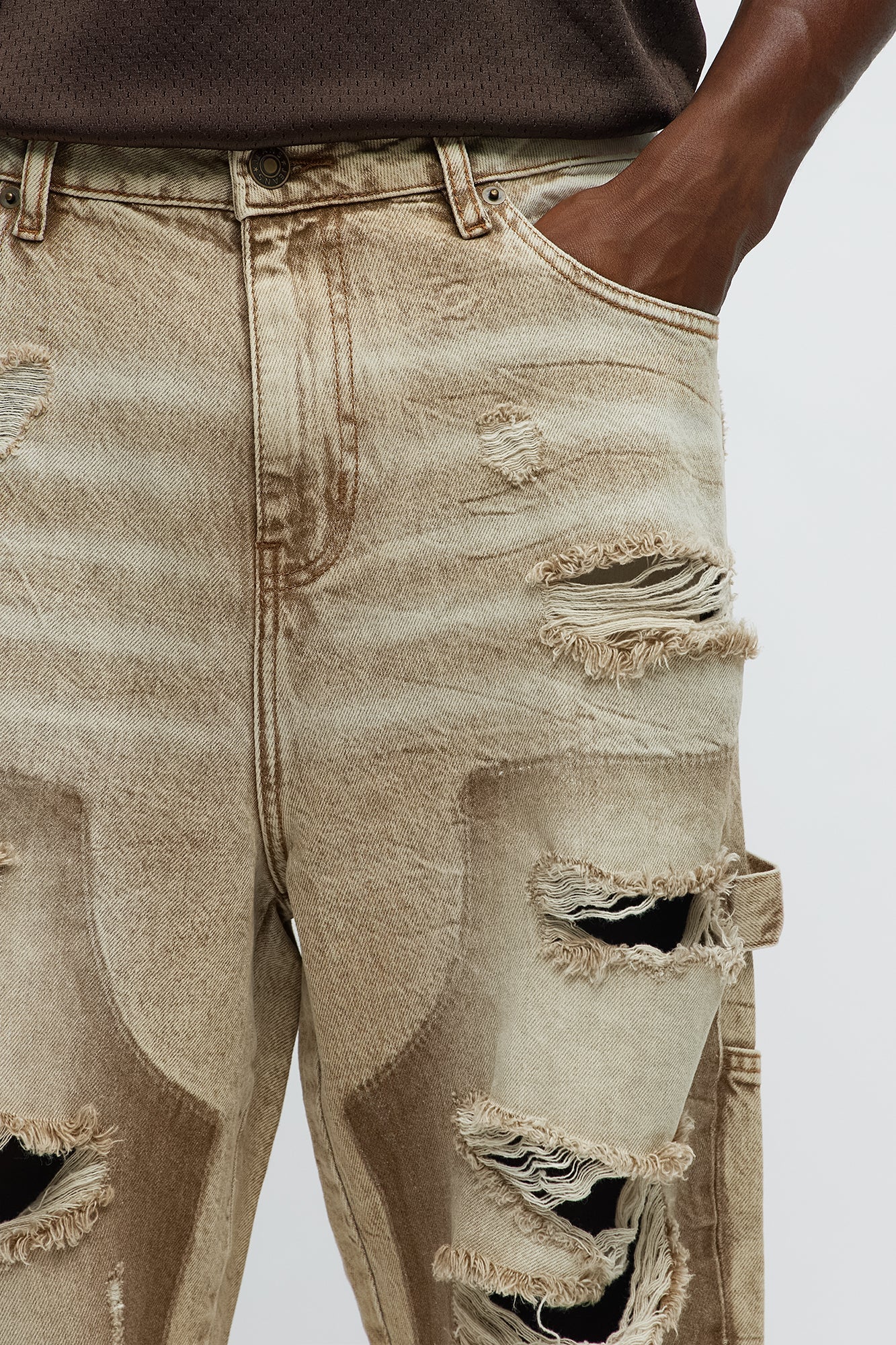 Fall Black Distressed Carpenter Baggy Jeans - Brown