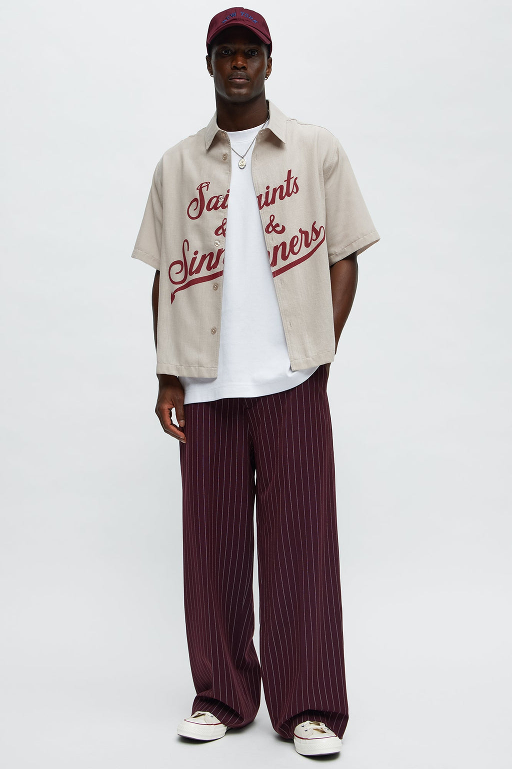 Wide Leg Straight Striped Trousers - Burgundy