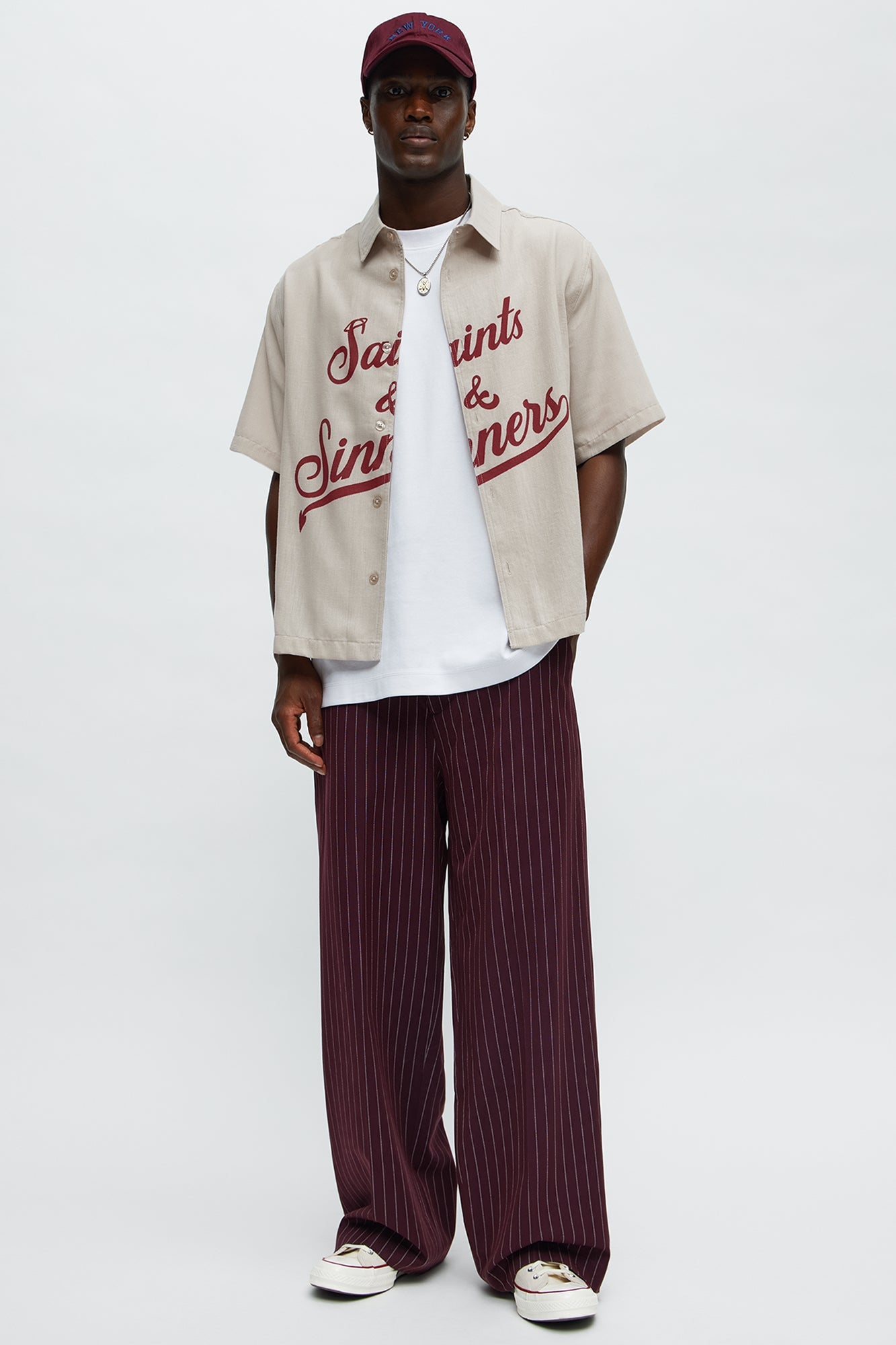 Wide Leg Straight Striped Trousers - Burgundy
