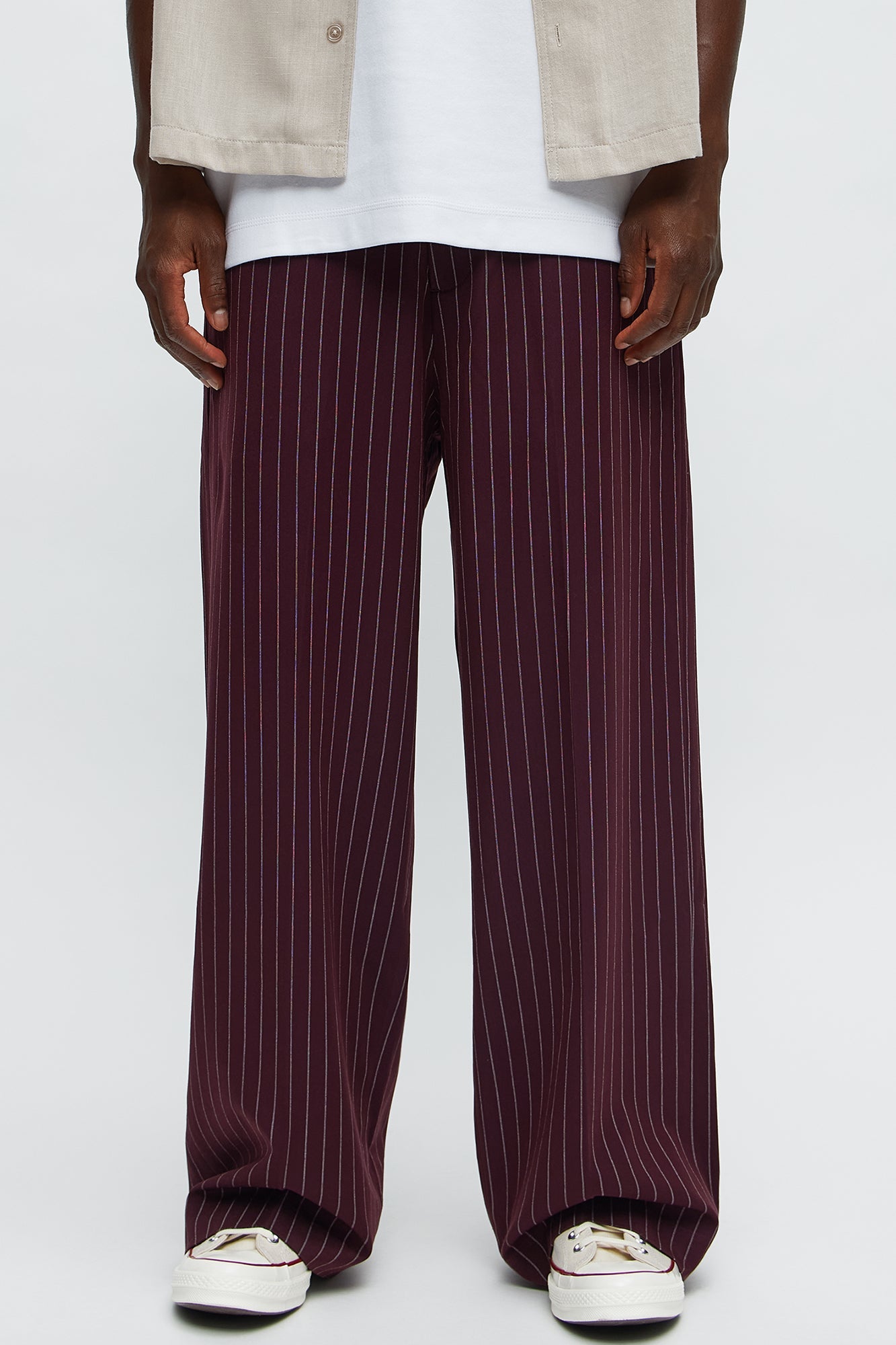 Wide Leg Straight Striped Trousers - Burgundy