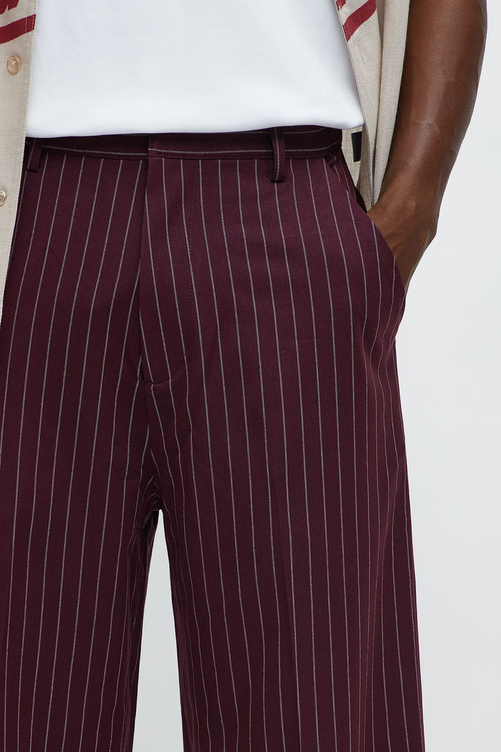 Wide Leg Straight Striped Trousers - Burgundy