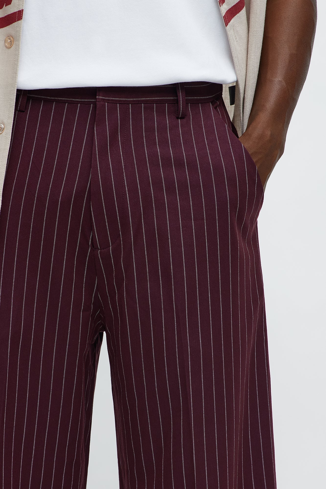 Wide Leg Straight Striped Trousers - Burgundy