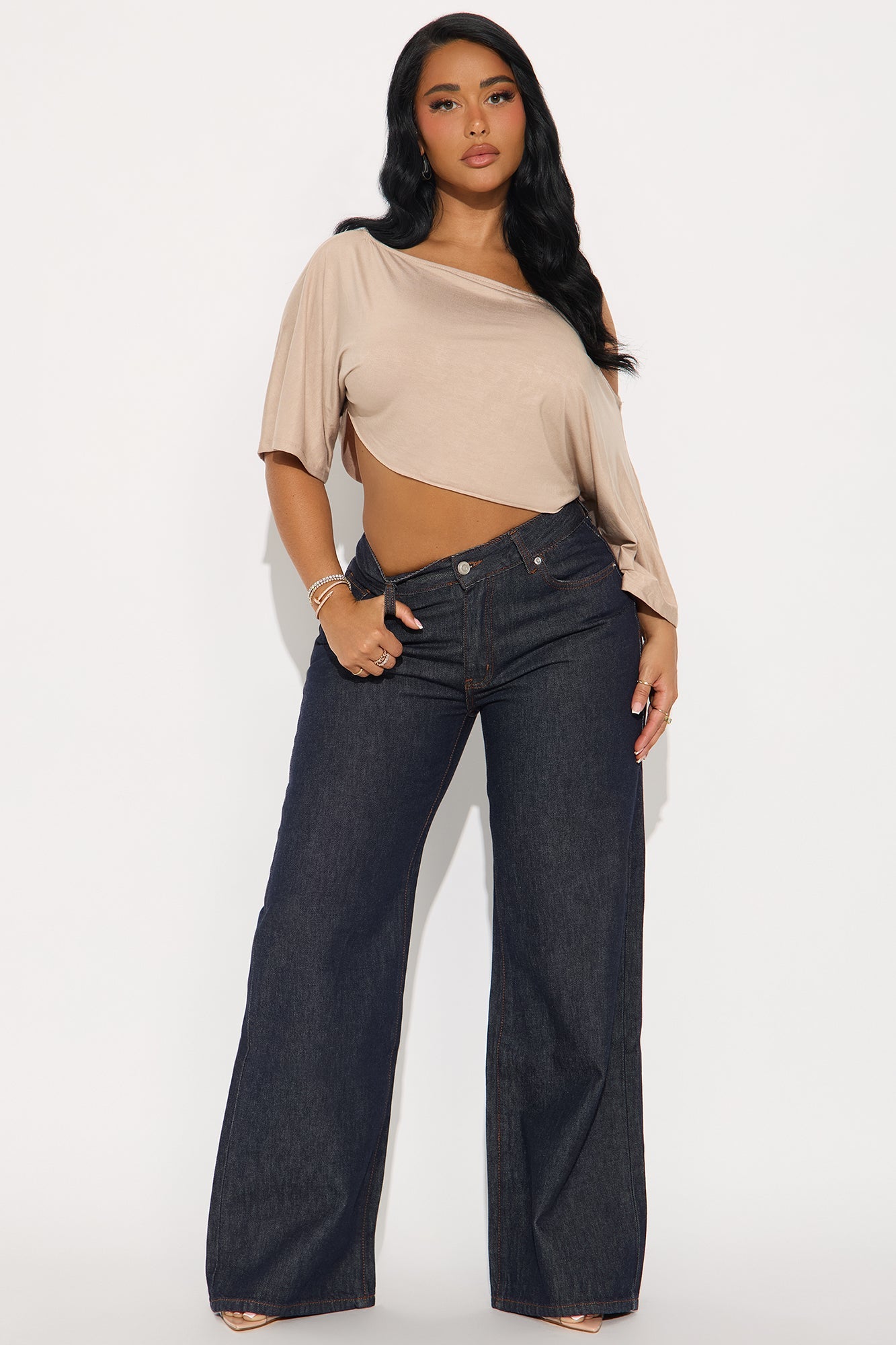 Modal Loose Off Shoulder Cropped Top - Stone