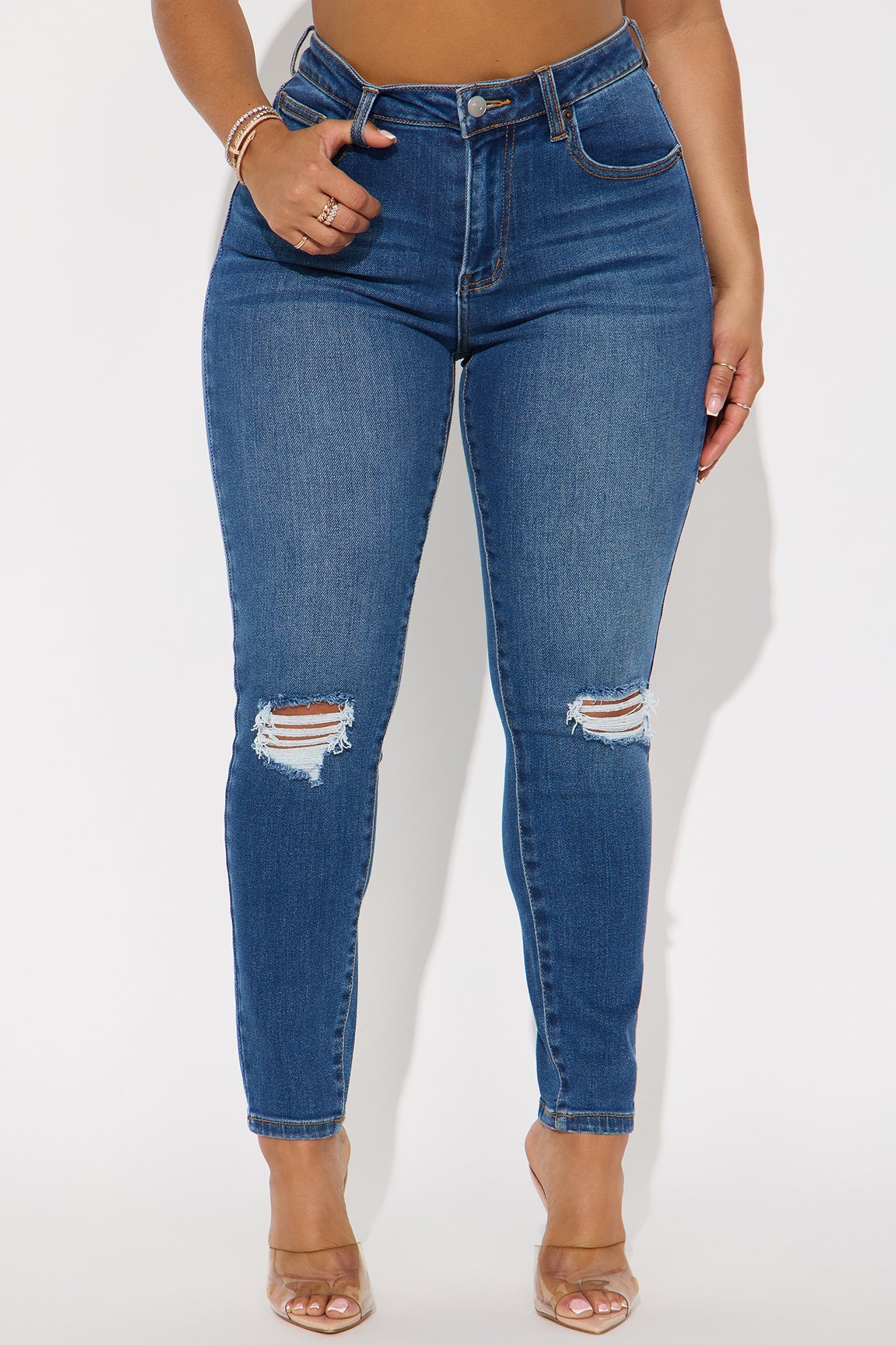 Vivacious Ripped High Rise Skinny Jeans - Medium Wash