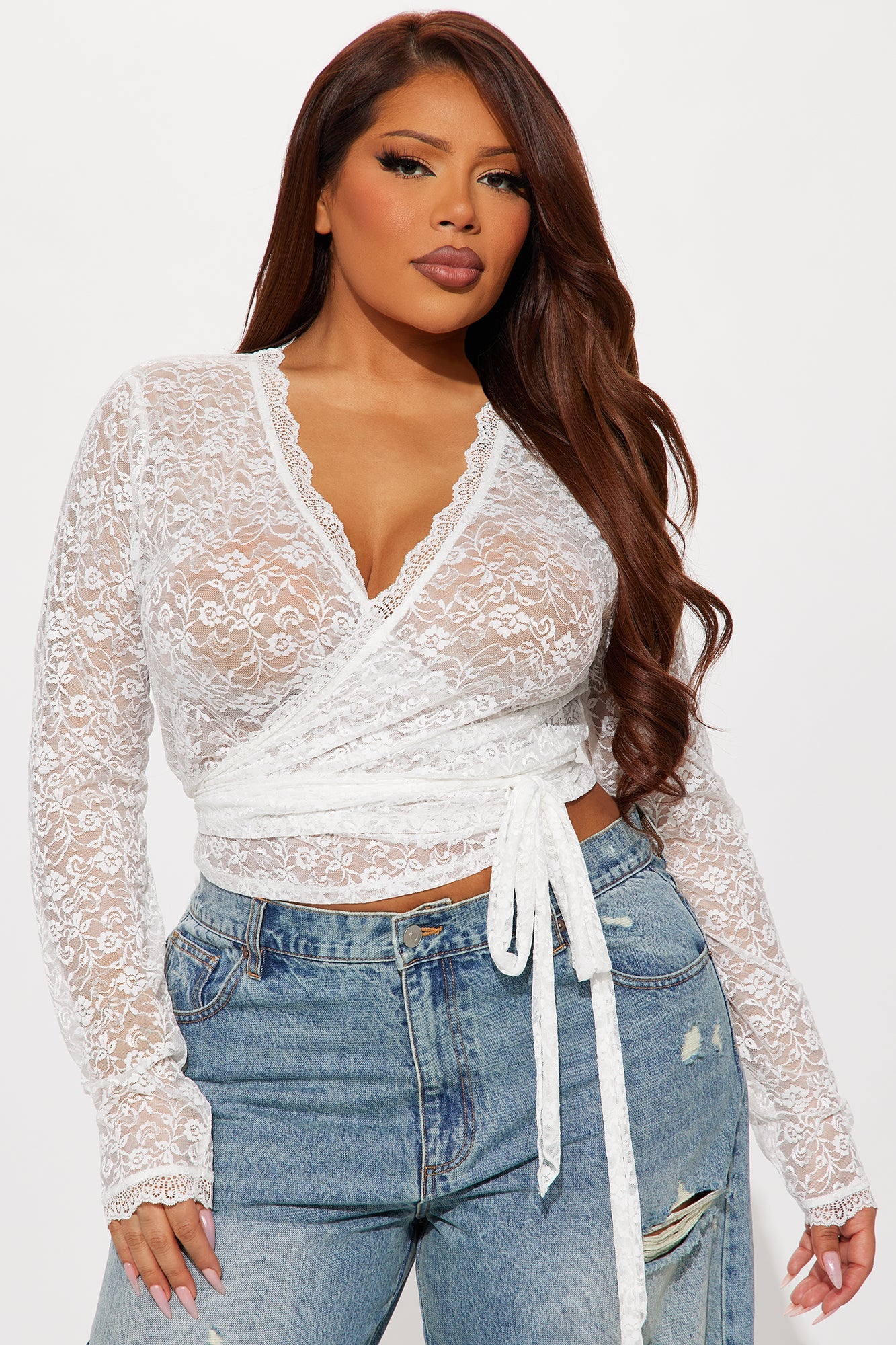 Going Separate Ways Lace Long Sleeve Top - Off White