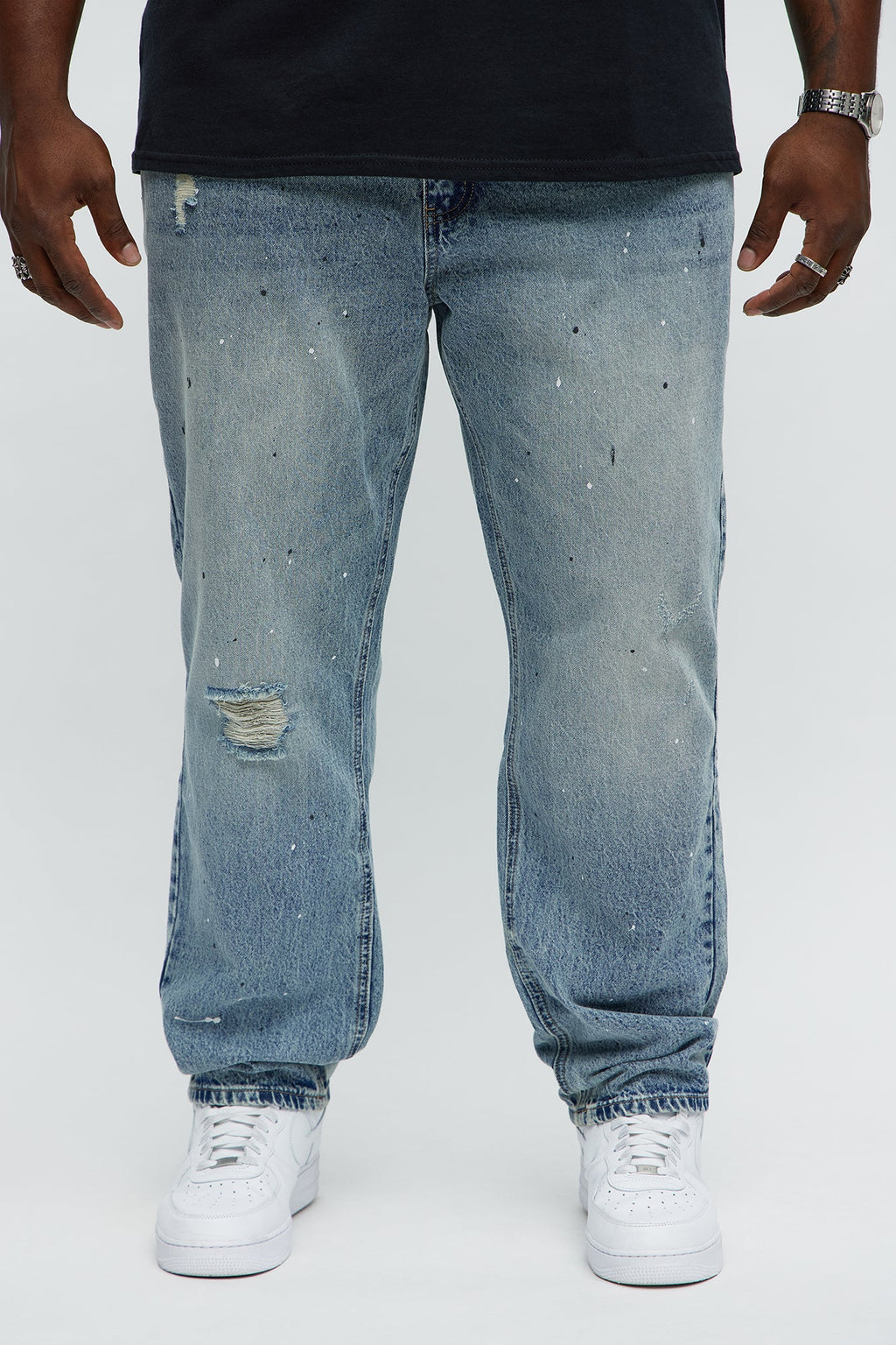 Sensible Paint Splot Distressed Slim Jeans - Medium Blue Wash