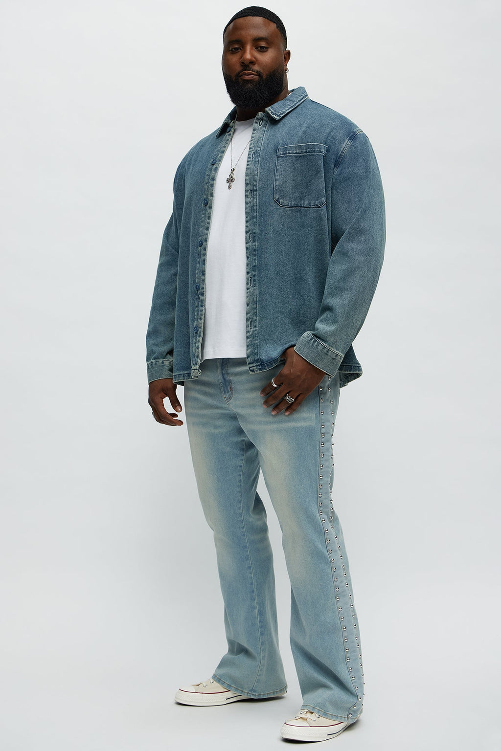 Stacked Slim Flare Stud On The Side Jeans - Light Wash