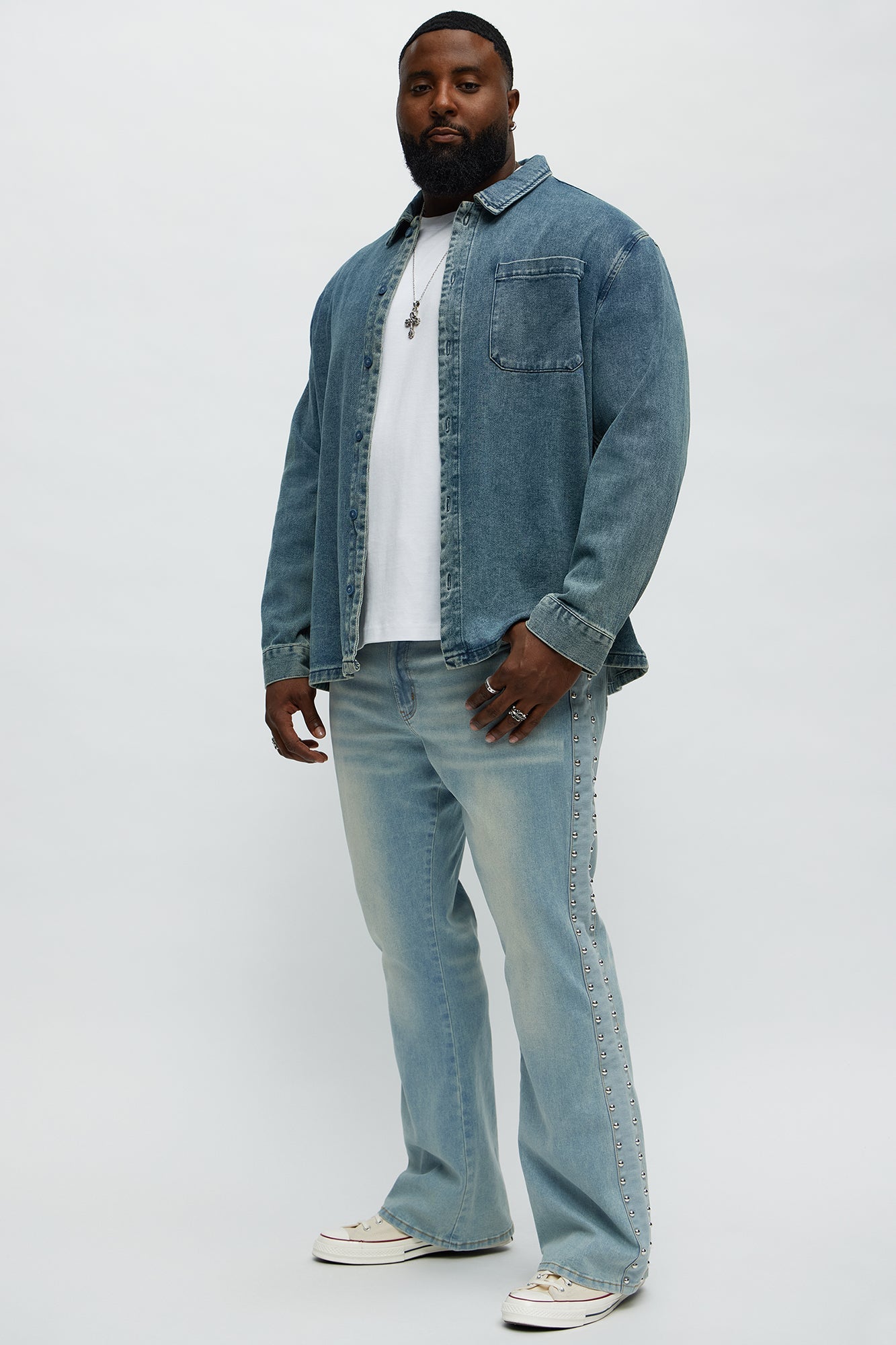 Stacked Slim Flare Stud On The Side Jeans - Light Wash