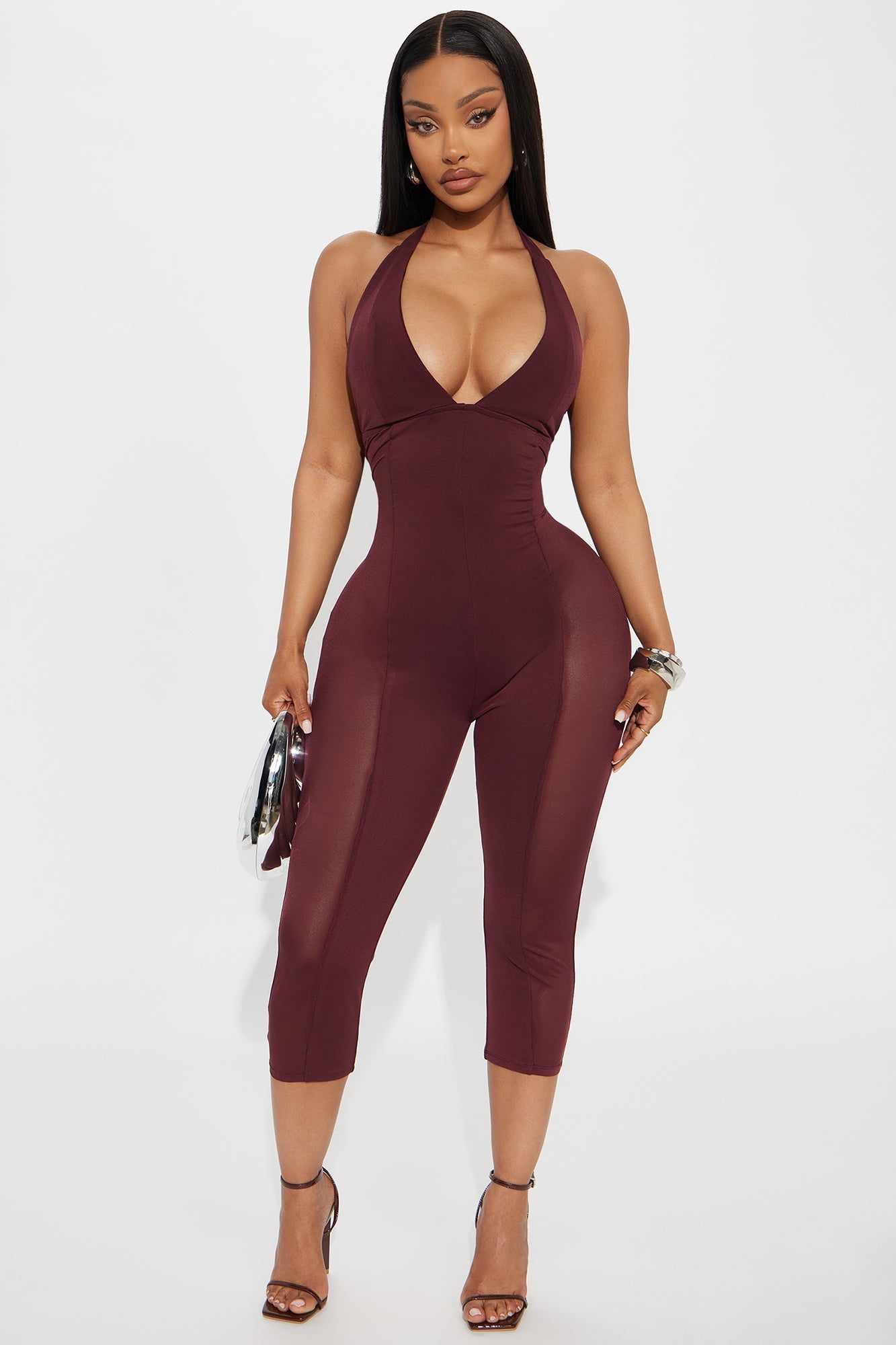 The Main Stage Mesh Capri Jumpsuit - Burgundy