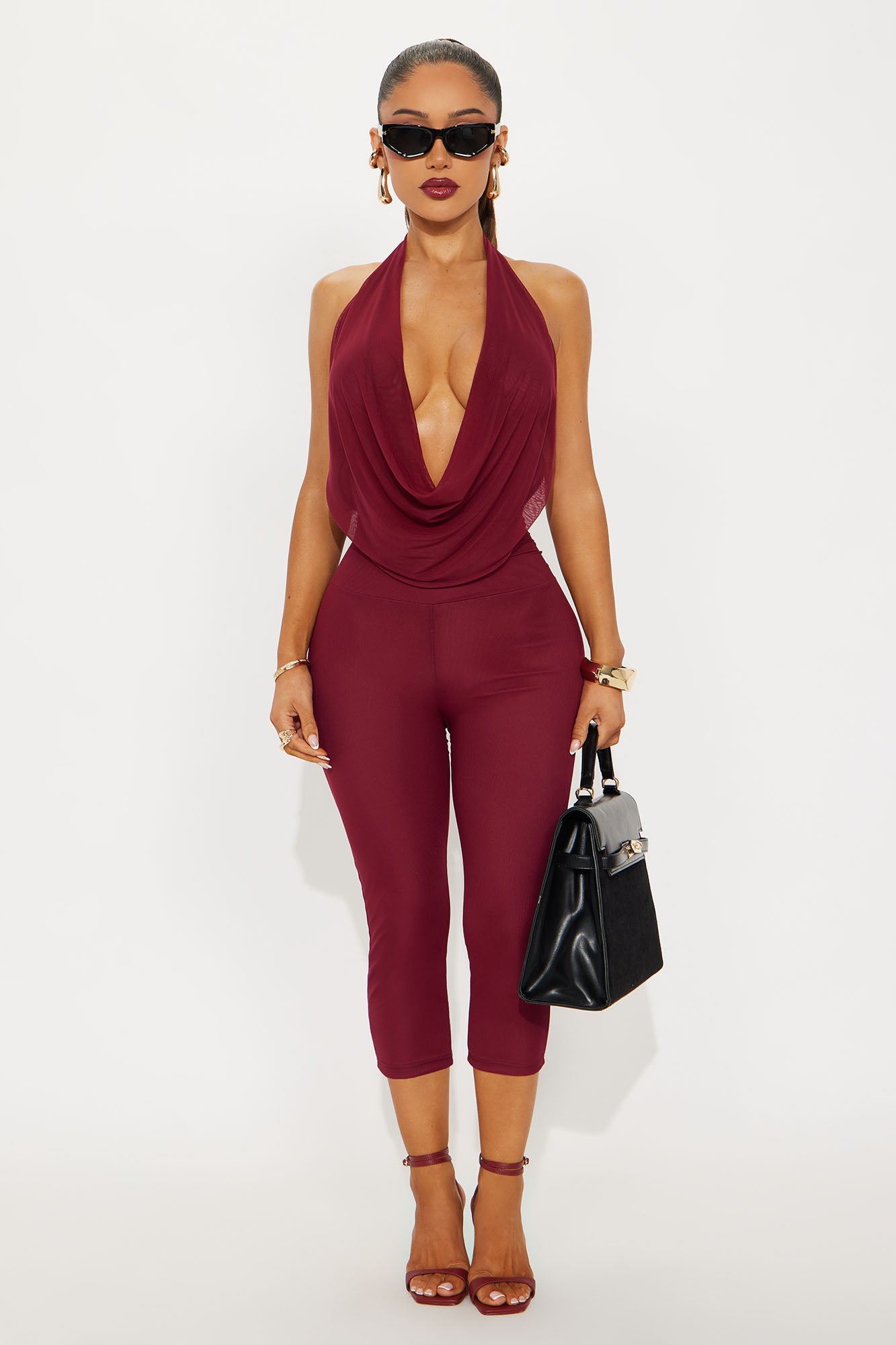 Mya Mesh Backless Halter Capri Jumpsuit - Burgundy