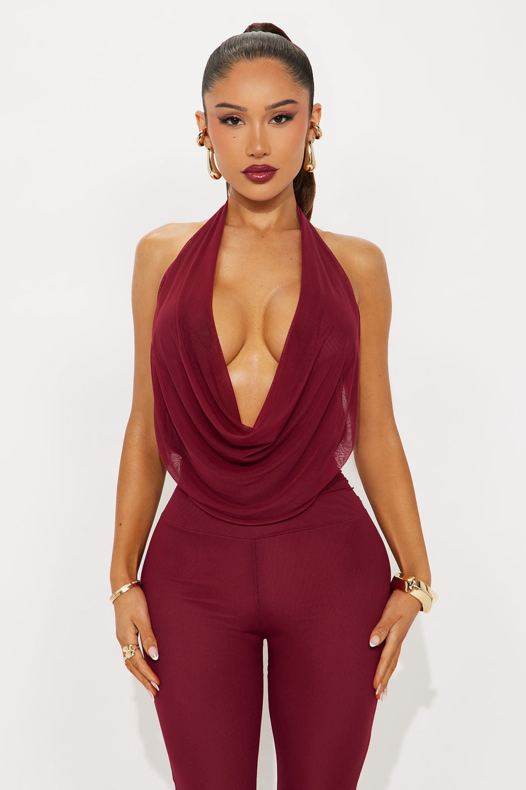 Mya Mesh Backless Halter Capri Jumpsuit - Burgundy