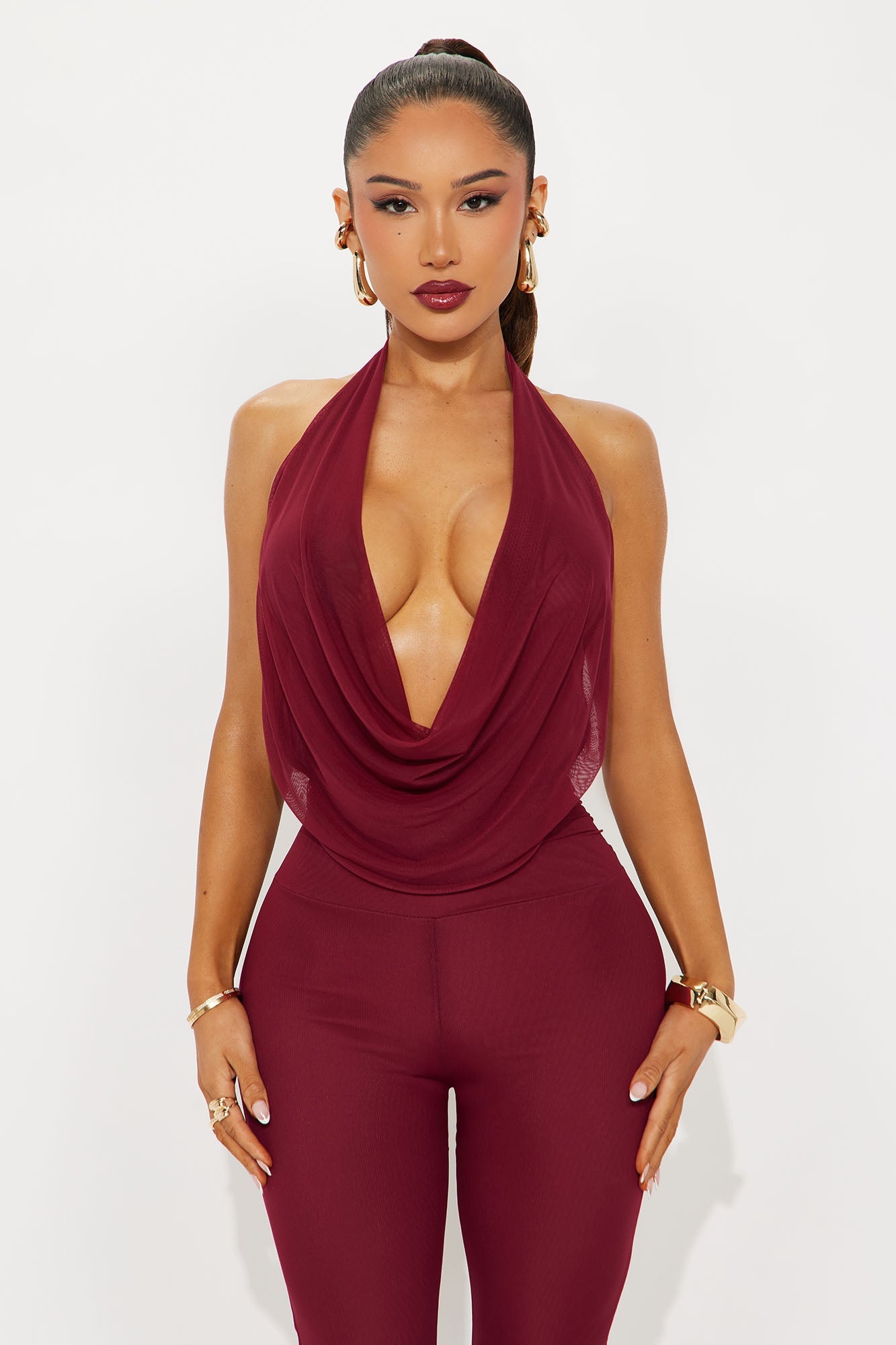 Mya Mesh Backless Halter Capri Jumpsuit - Burgundy