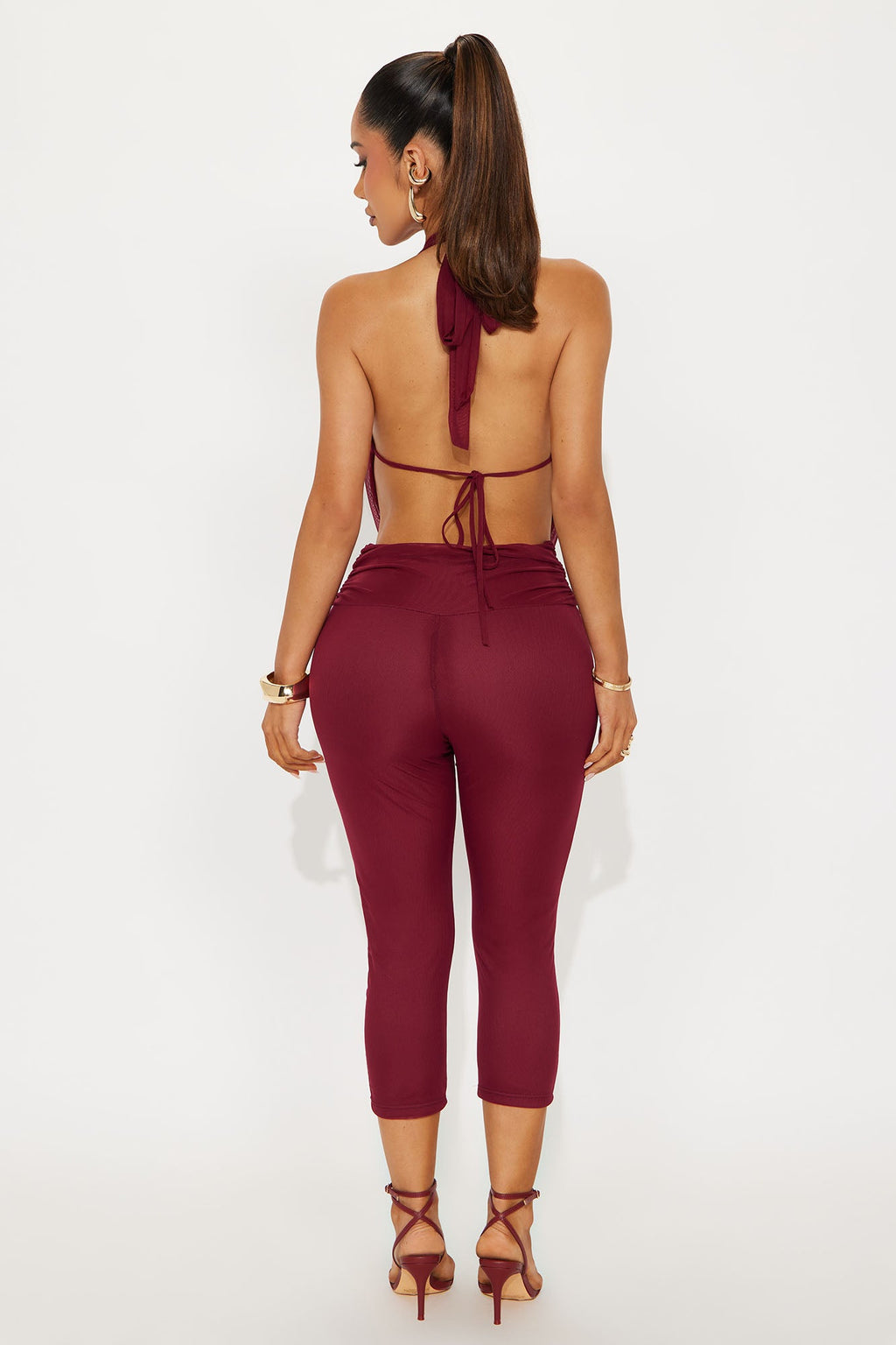 Mya Mesh Backless Halter Capri Jumpsuit - Burgundy