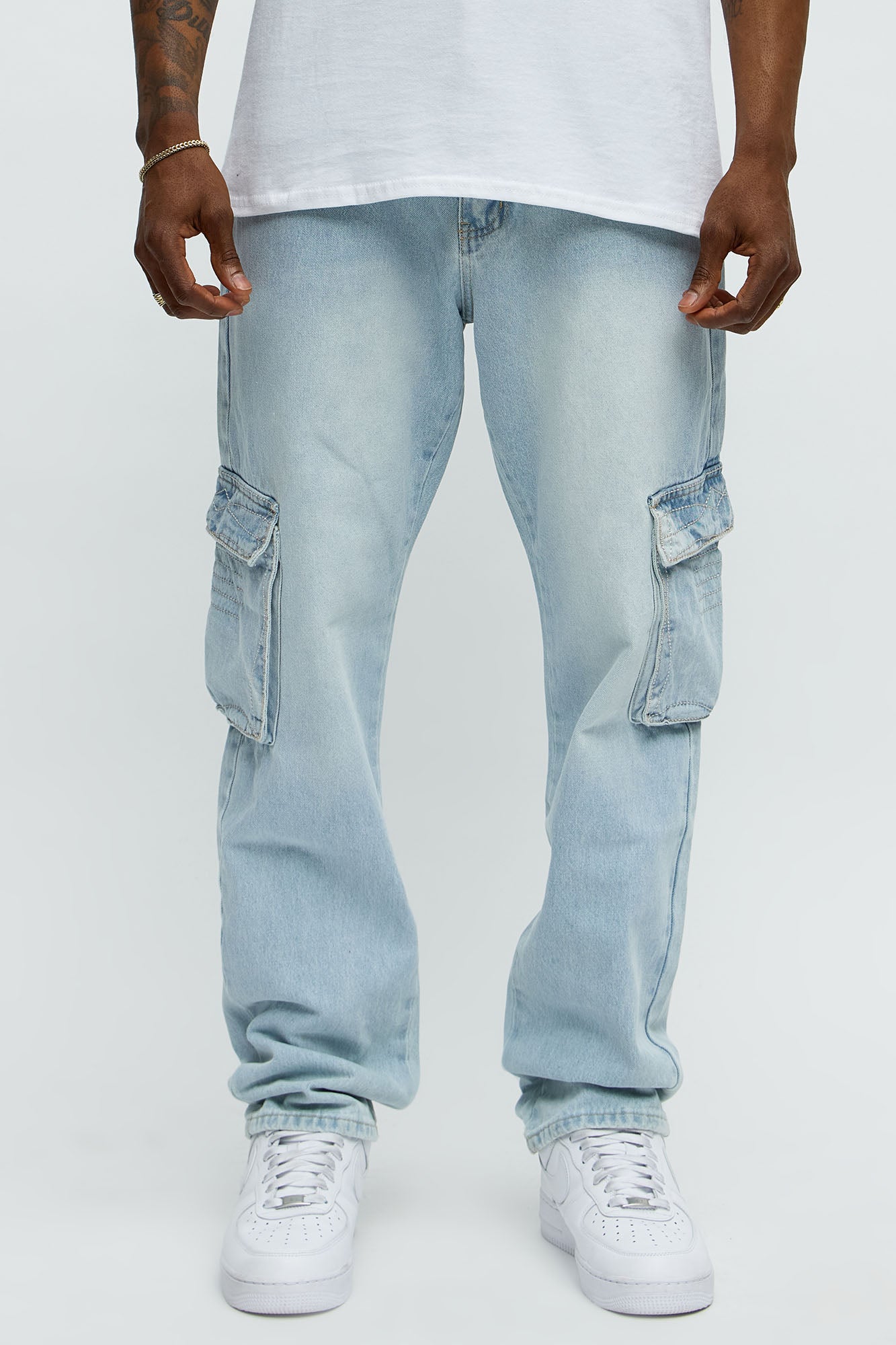 Western Embroidery Slim Cargo Jeans - Light Wash