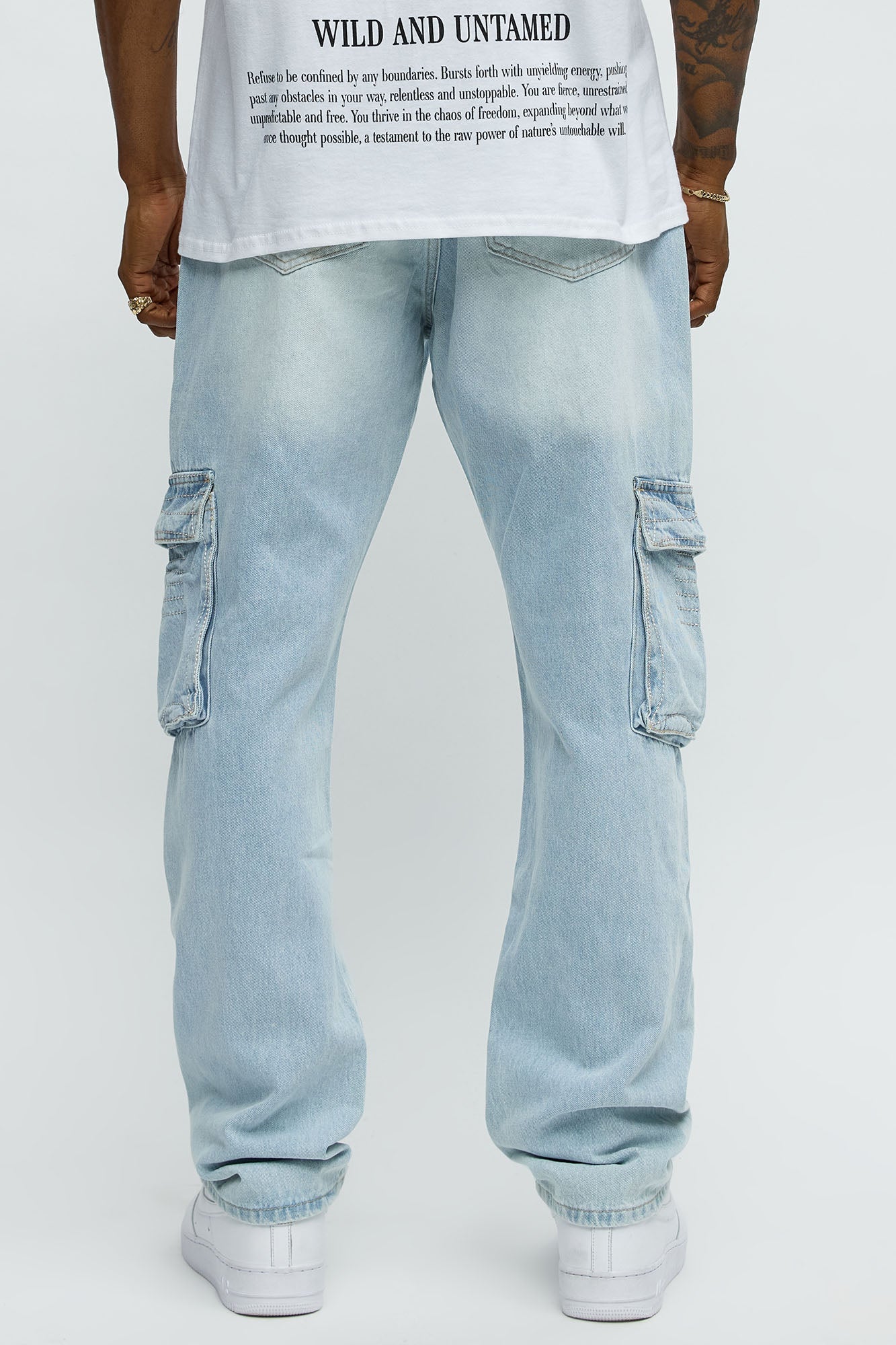 Western Embroidery Slim Cargo Jeans - Light Wash
