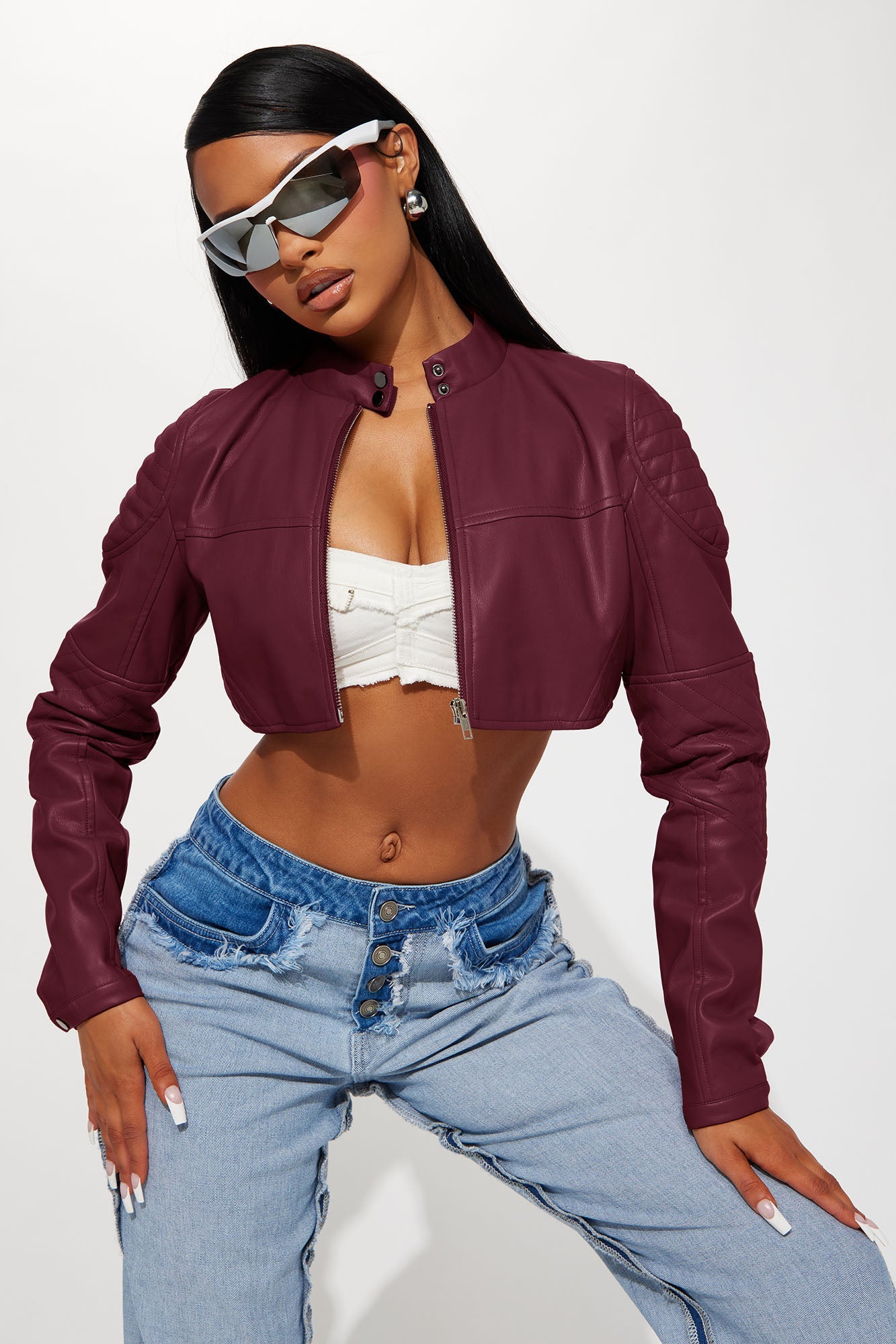 Biker Club Faux Leather Jacket - Burgundy
