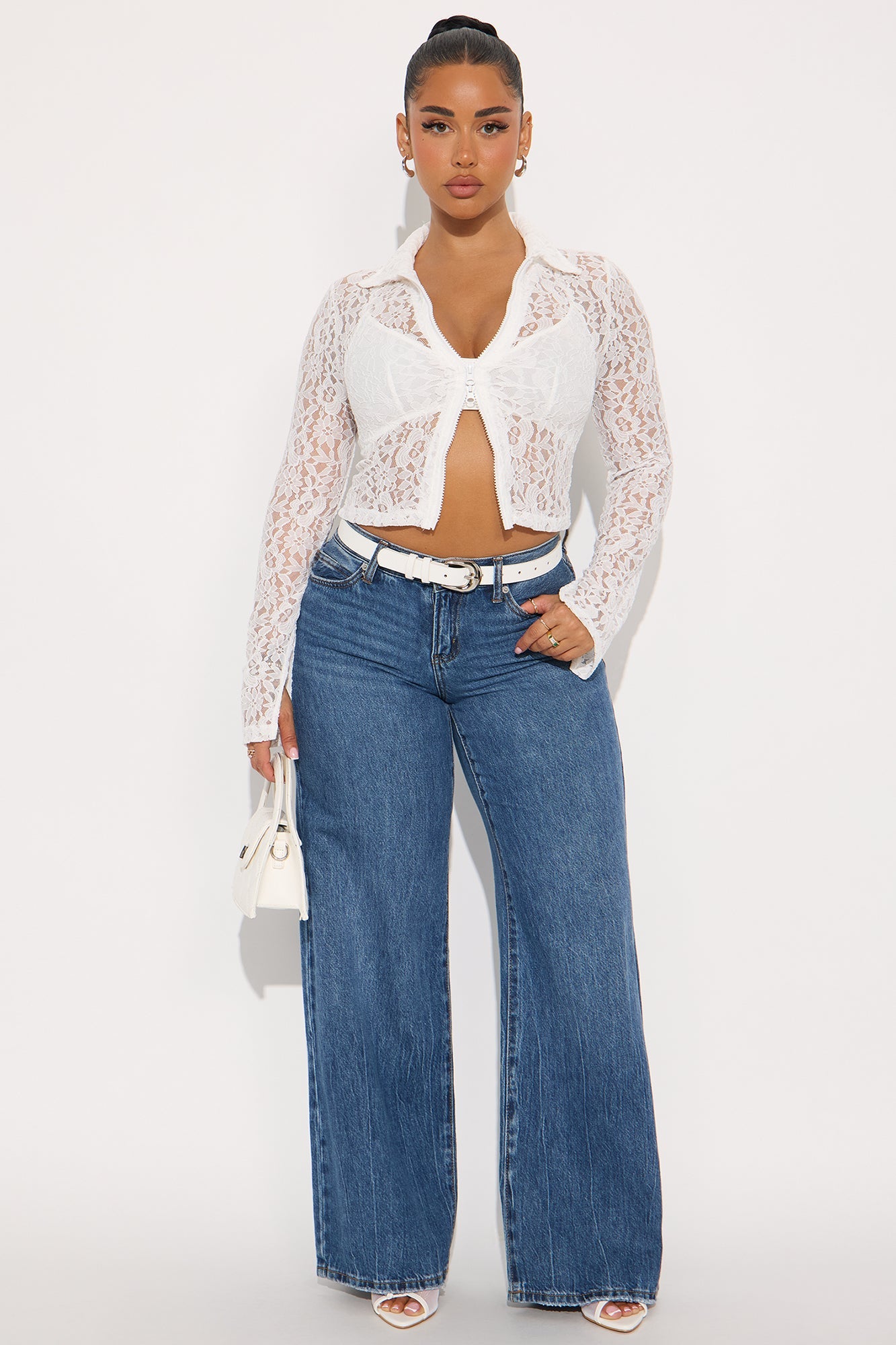 Lana Lace Zip Up Top - White