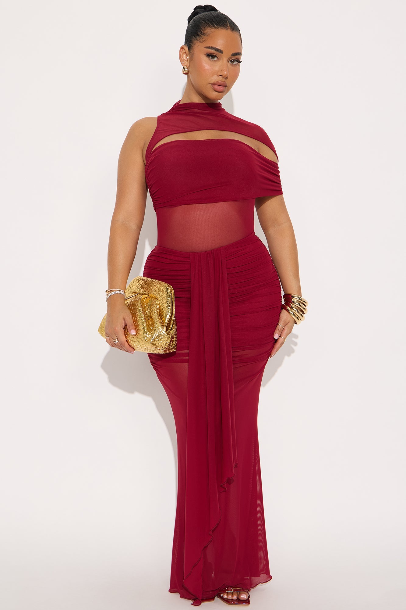 Brenda Mesh Bodysuit Maxi Skirt Set - Wine