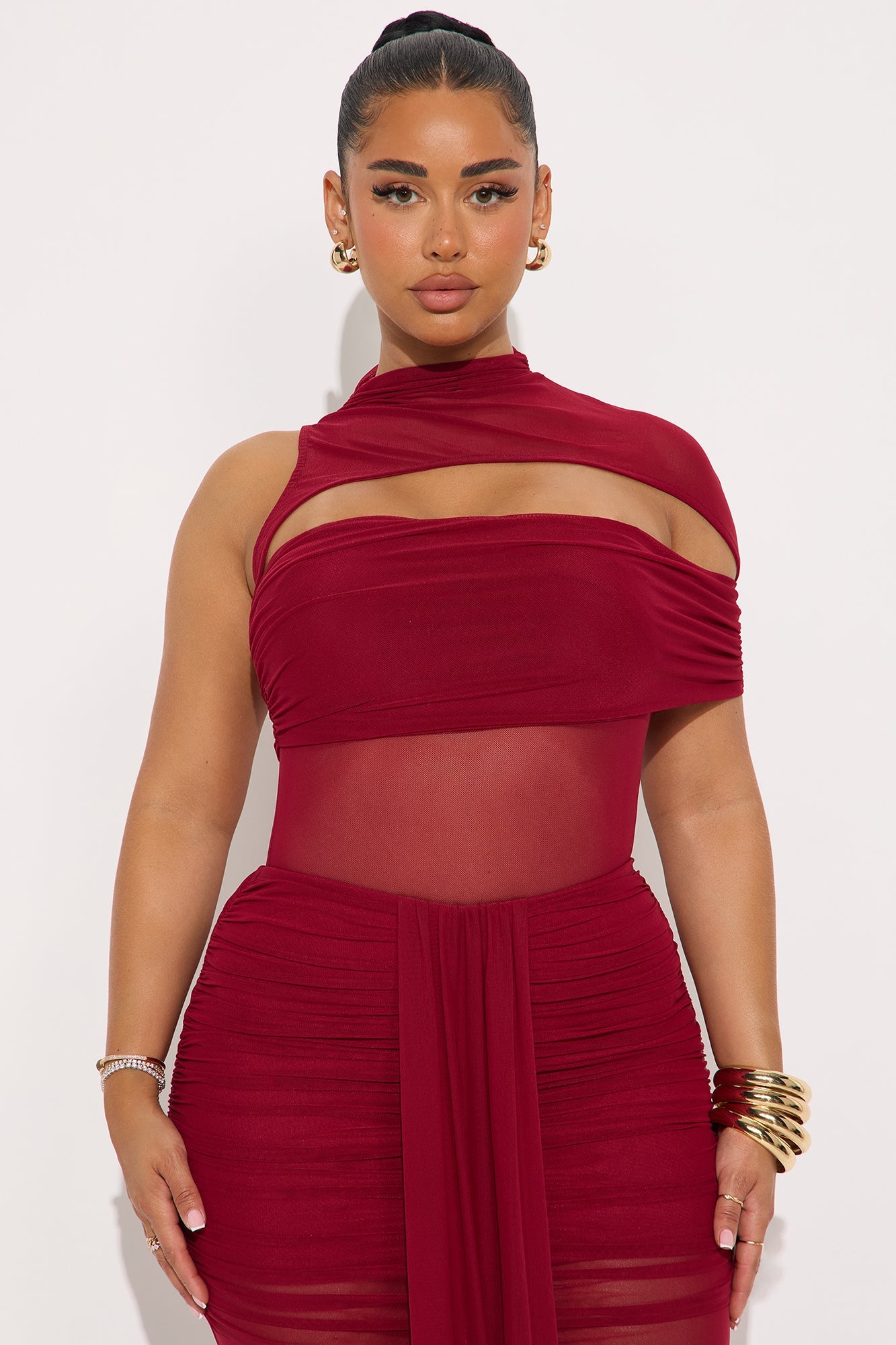 Brenda Mesh Bodysuit Maxi Skirt Set - Wine