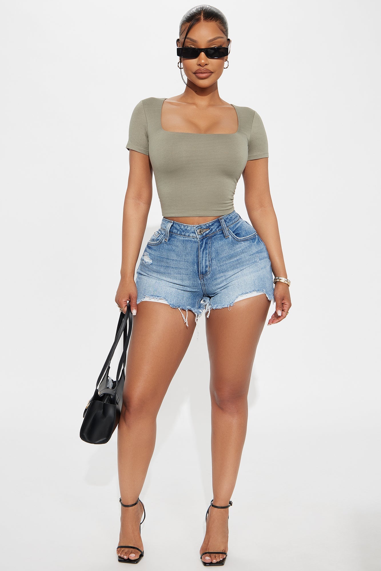 Adriana Double Lined Square Neck Short Sleeve Top - Olive