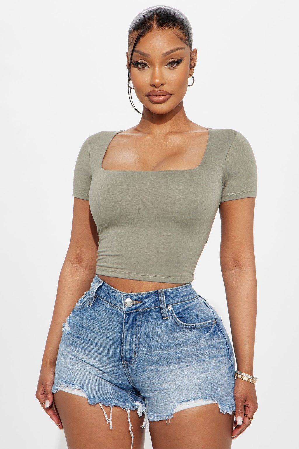 Adriana Double Lined Square Neck Short Sleeve Top - Olive