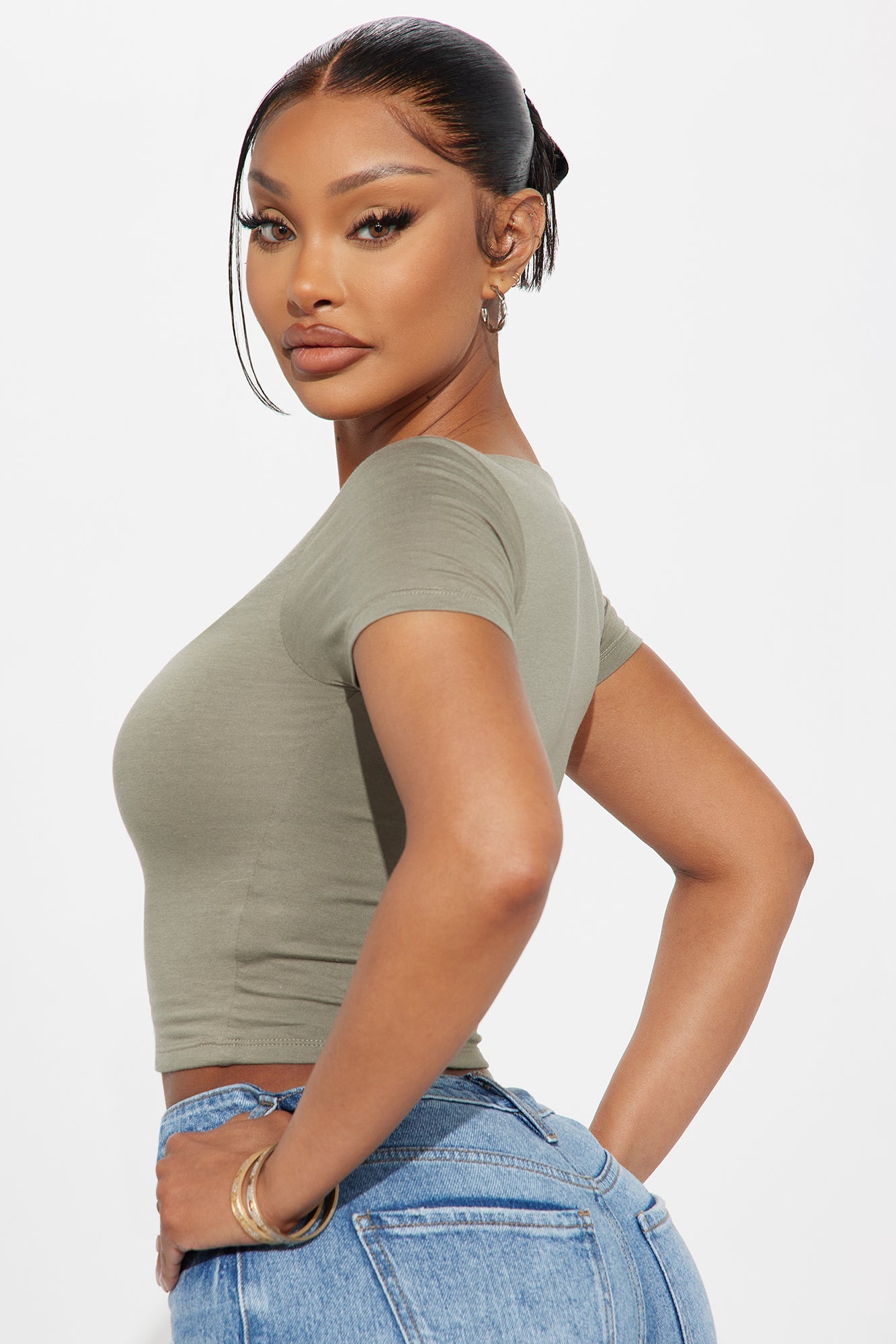 Adriana Double Lined Square Neck Short Sleeve Top - Olive