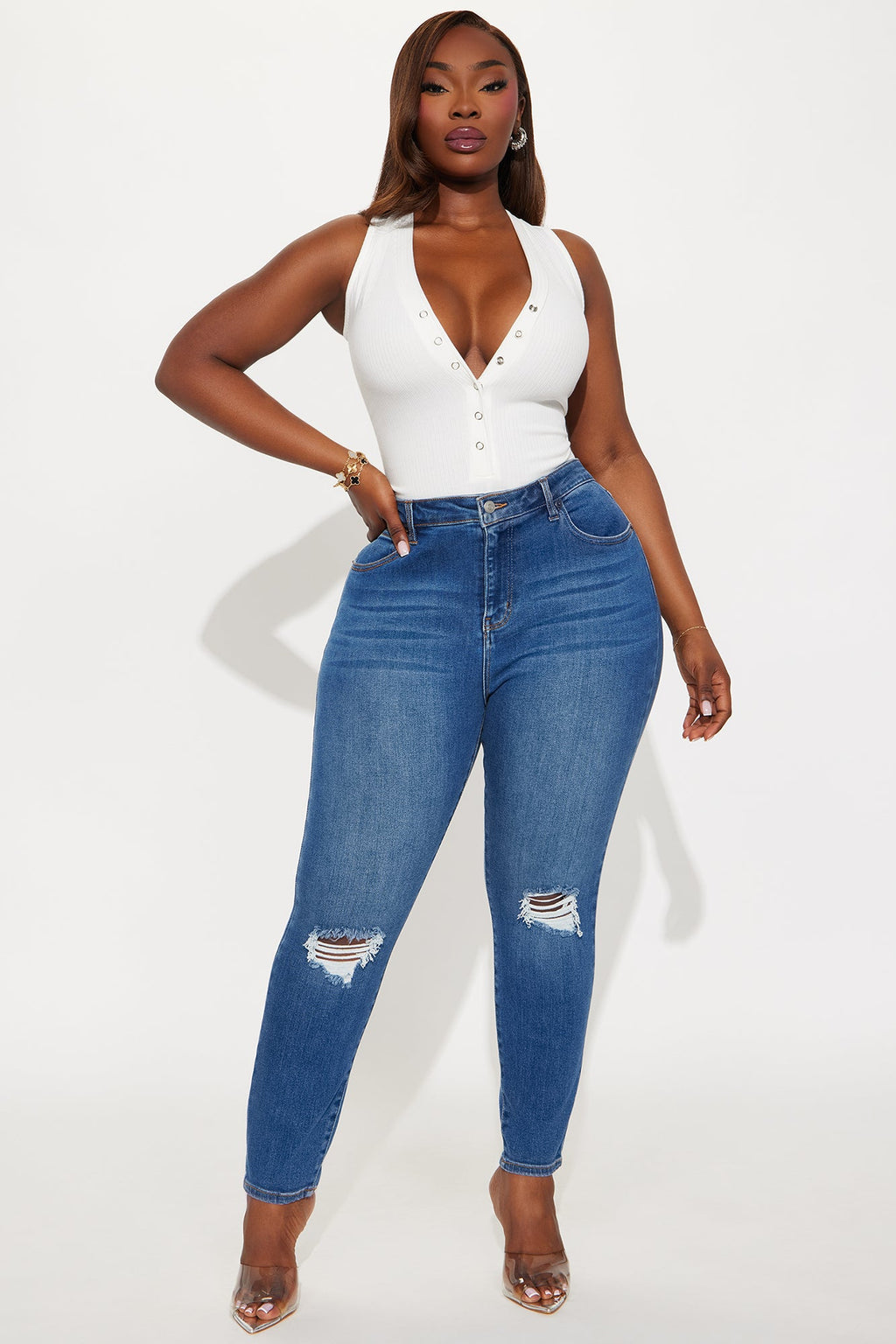 Vivacious Ripped High Rise Skinny Jeans - Medium Wash