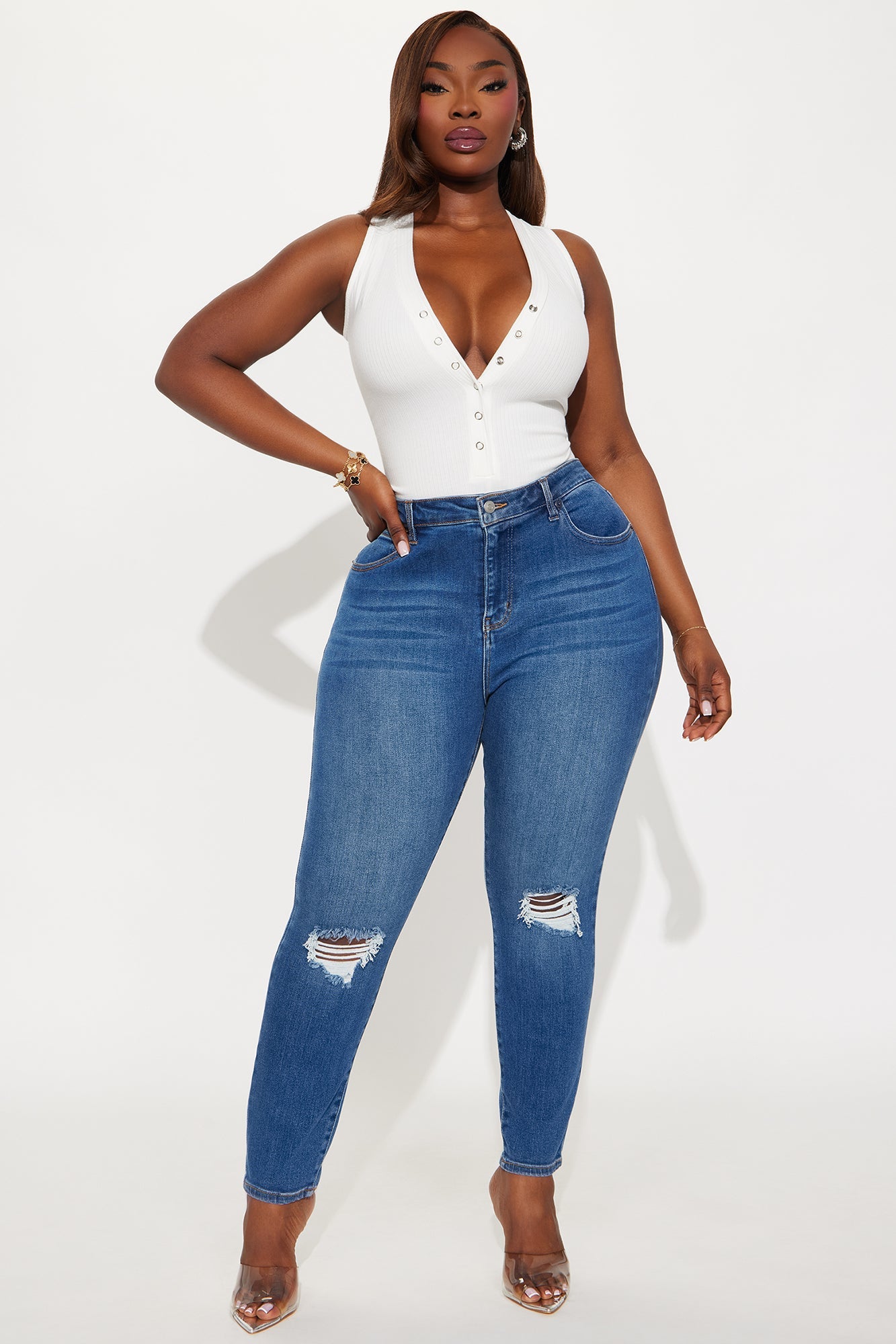 Vivacious Ripped High Rise Skinny Jeans - Medium Wash