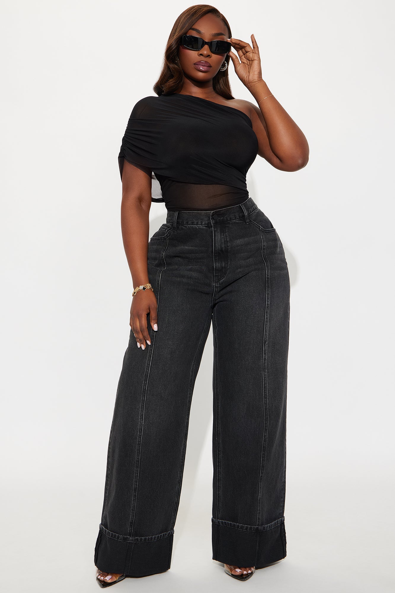 Unpredictable Cuffed Wide Leg Jeans - Black Wash