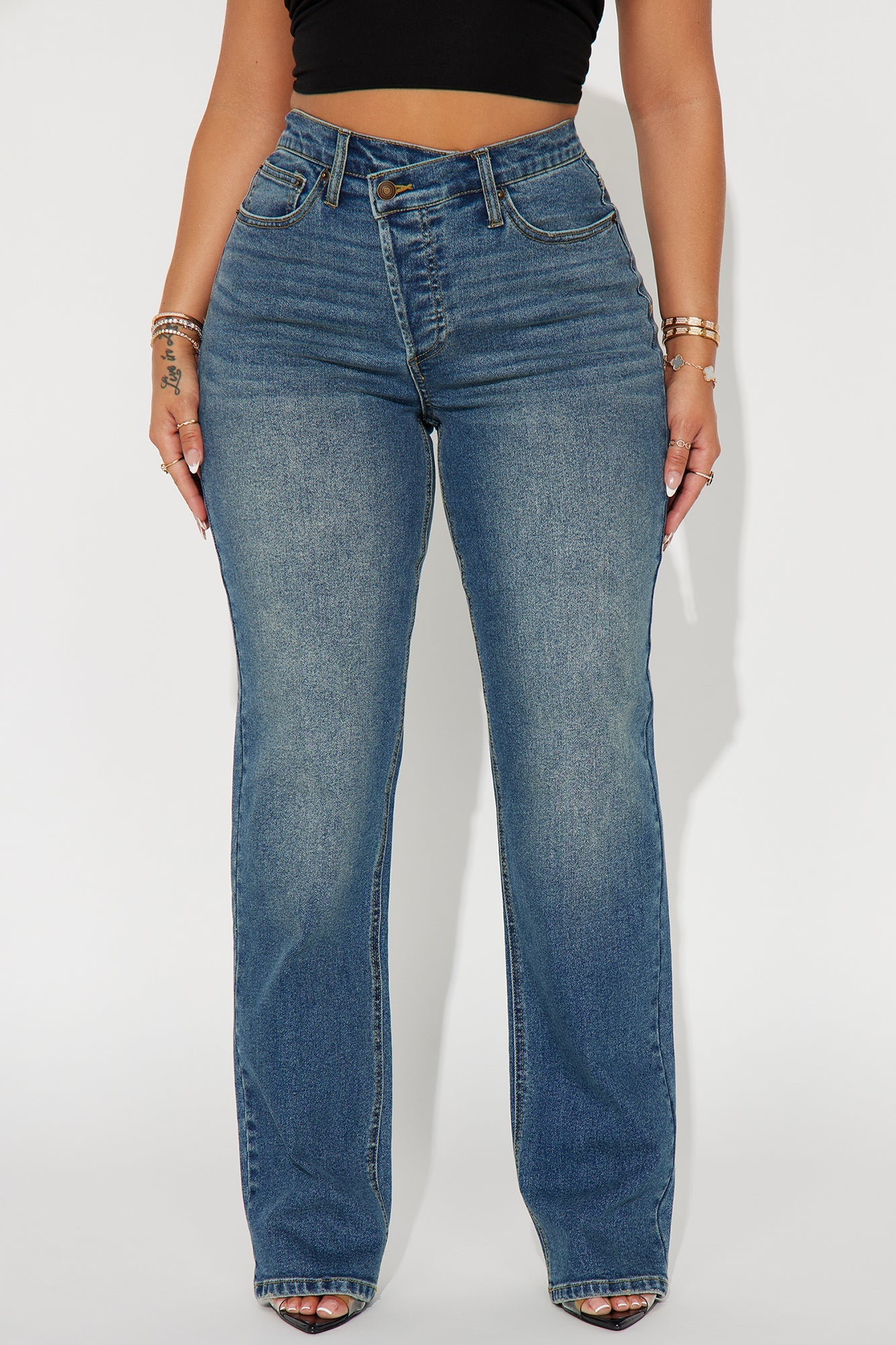 In Sync Stretch Crossover Straight Leg Jeans - Dark Wash