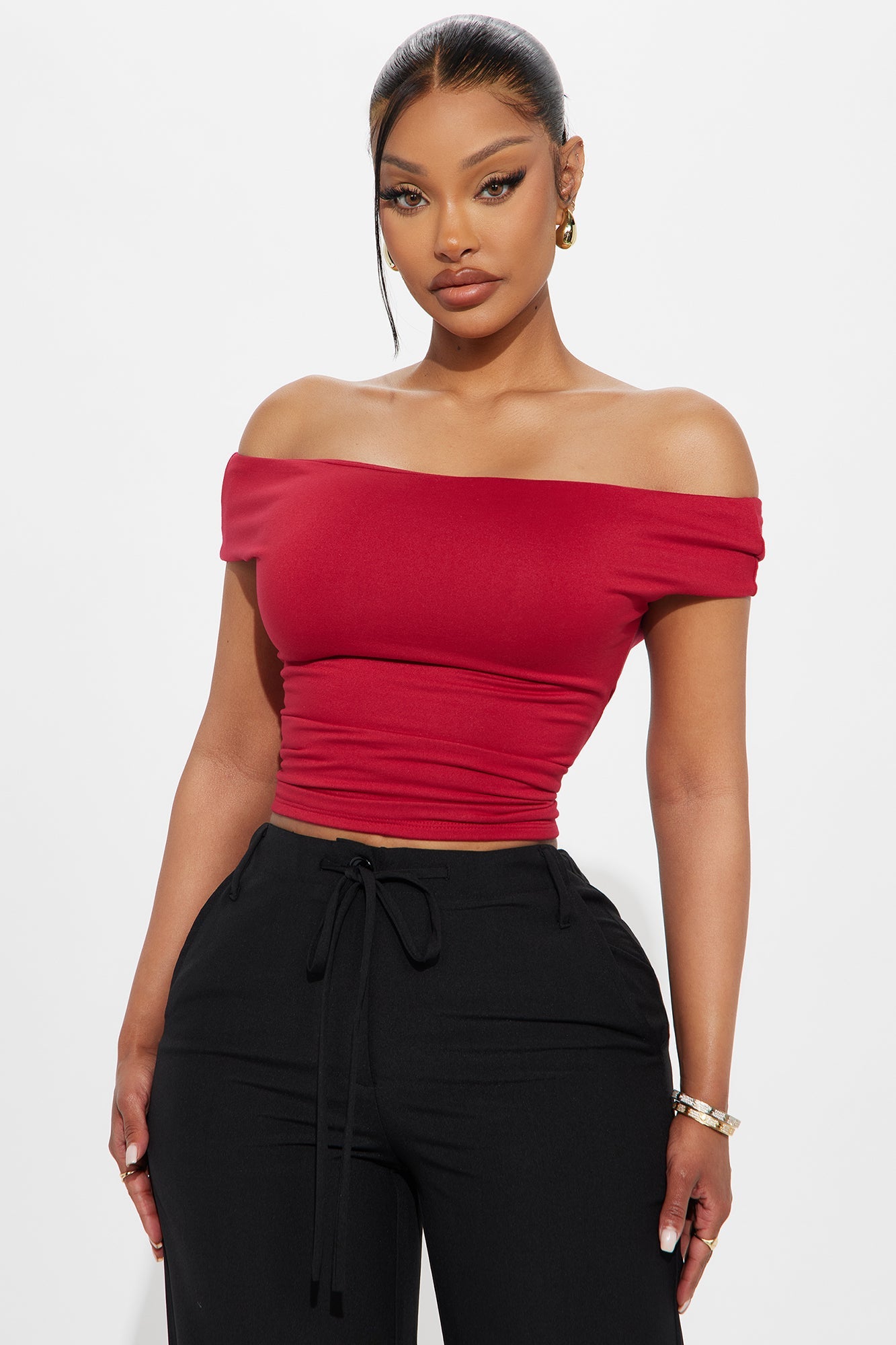 Morning Routine Double Lined Off Shoulder Top - Red
