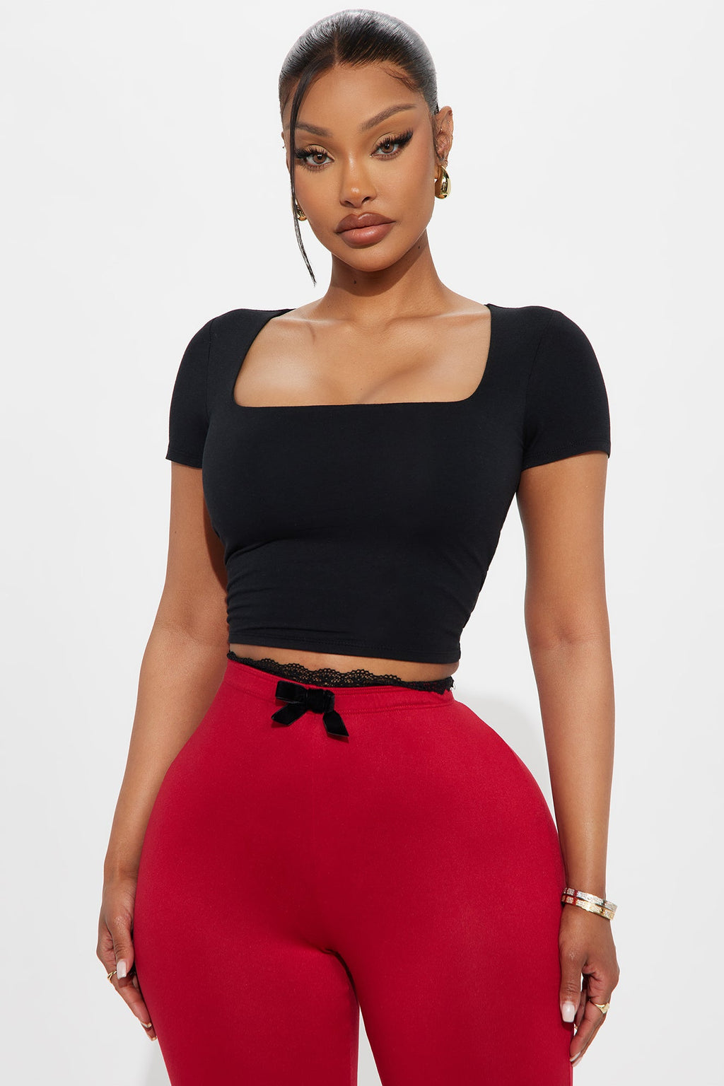 Adriana Double Lined Square Neck Short Sleeve Top - Black