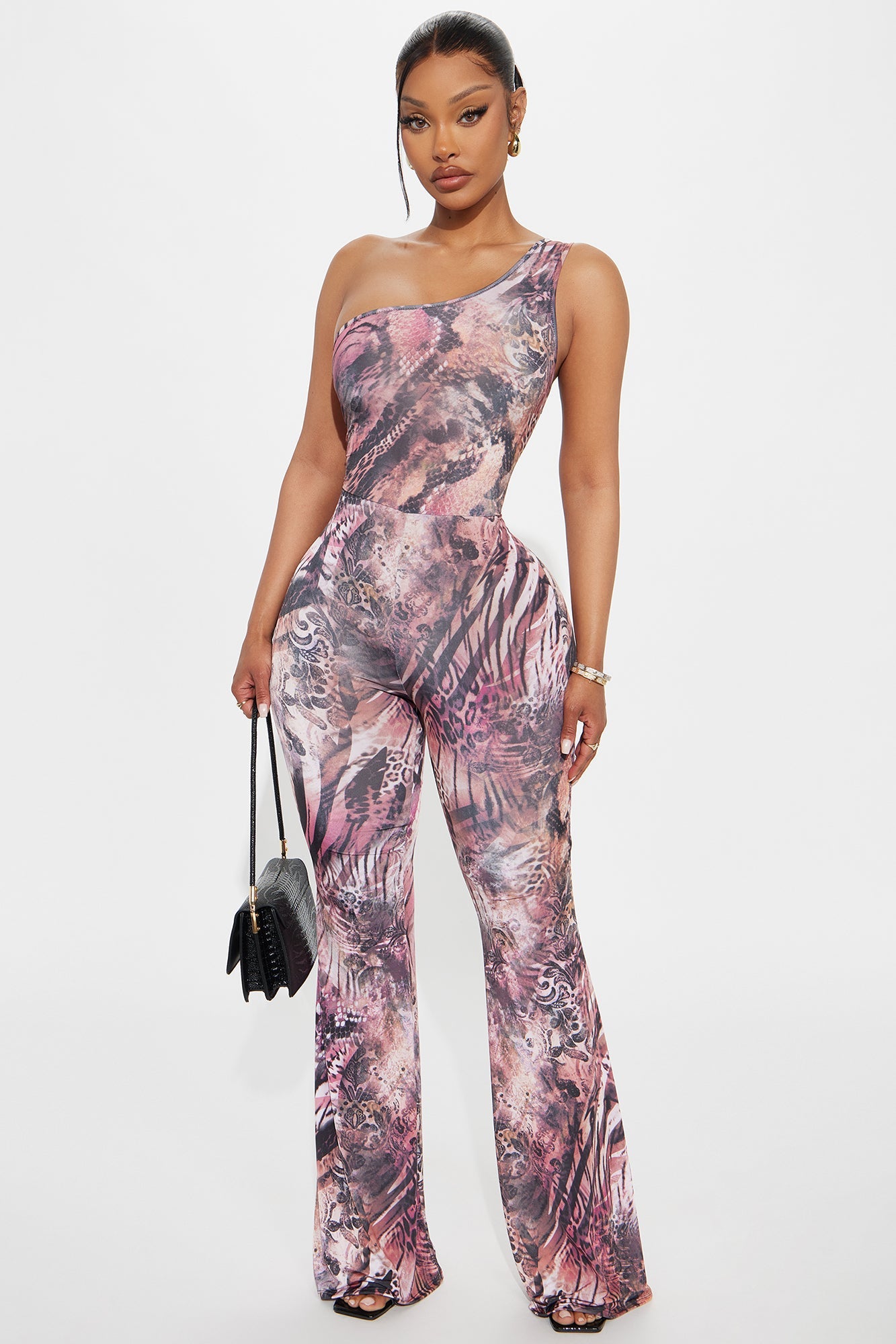 Made An Icon One Shoulder Flare Leg Jumpsuit - Mauve/combo