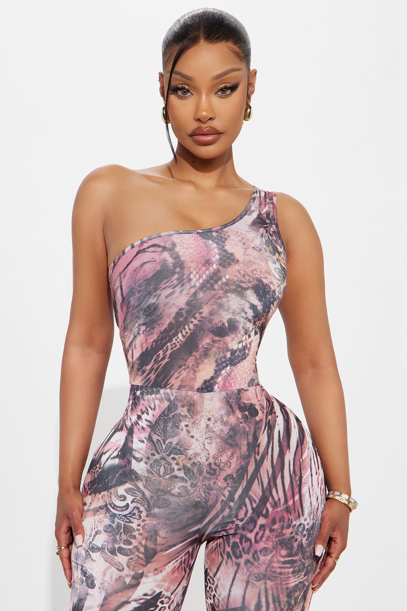 Made An Icon One Shoulder Flare Leg Jumpsuit - Mauve/combo