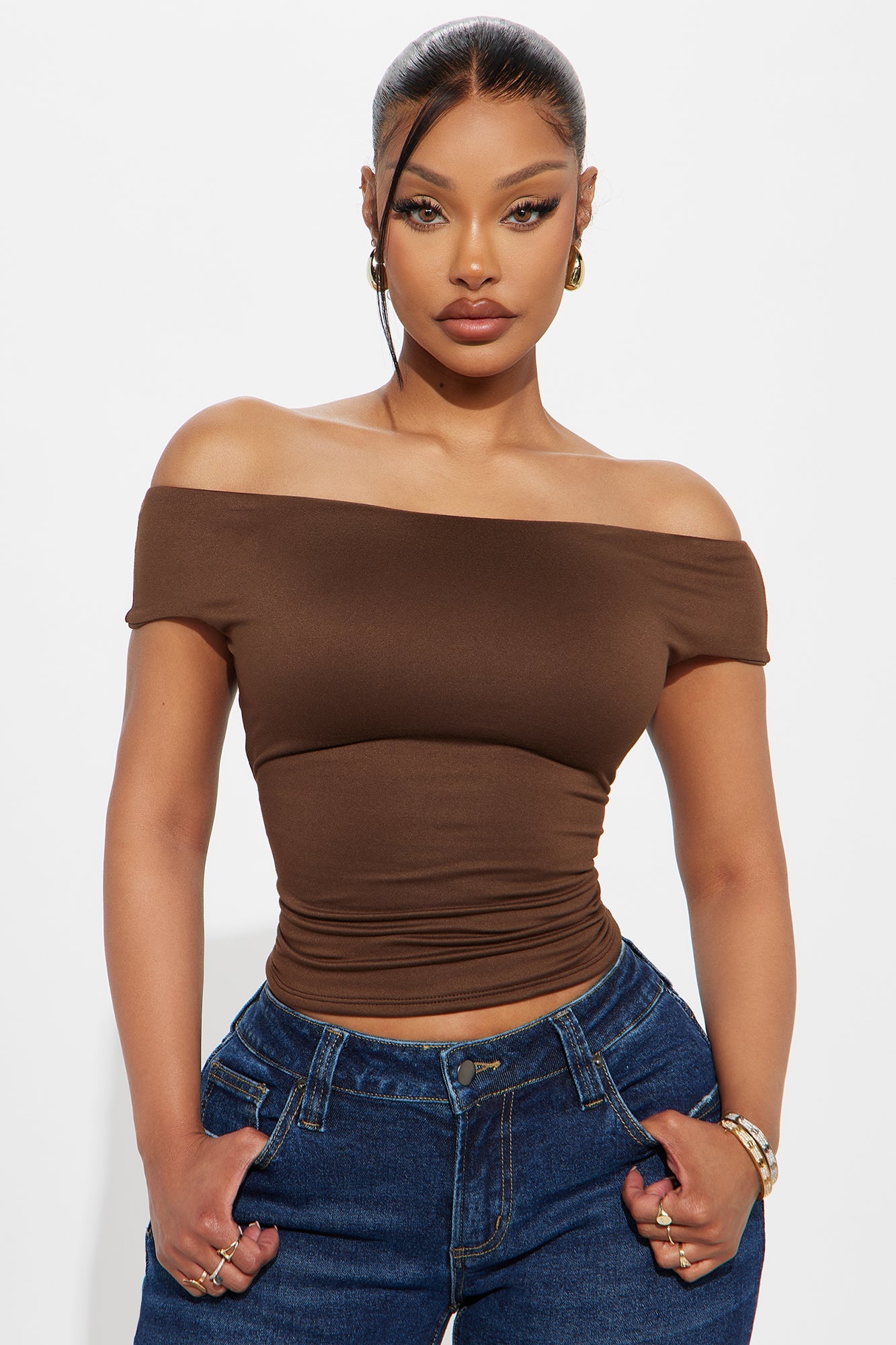 Morning Routine Double Lined Off Shoulder Top - Brown