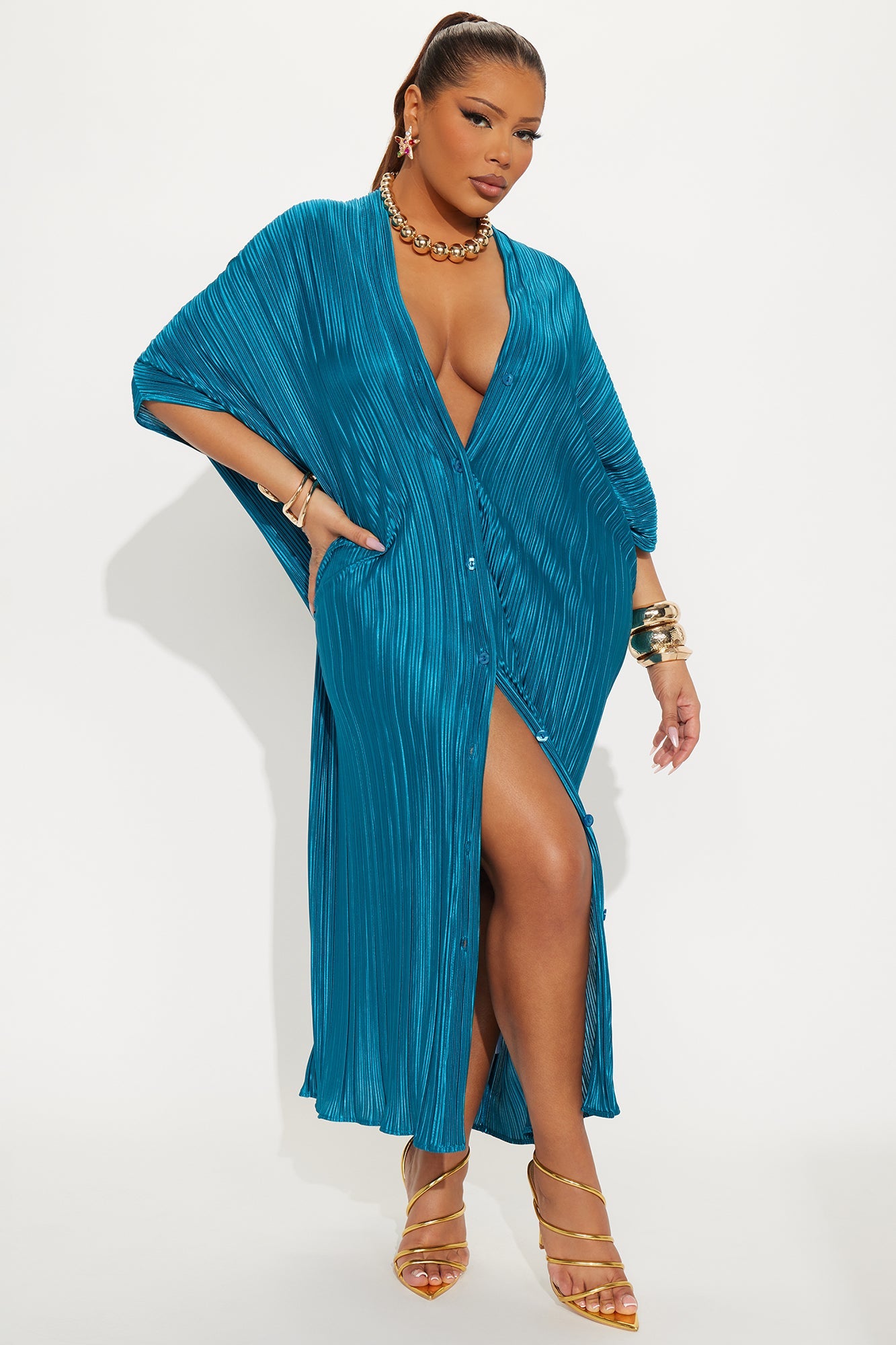 Isa Plisse Maxi Shirt Dress - Teal