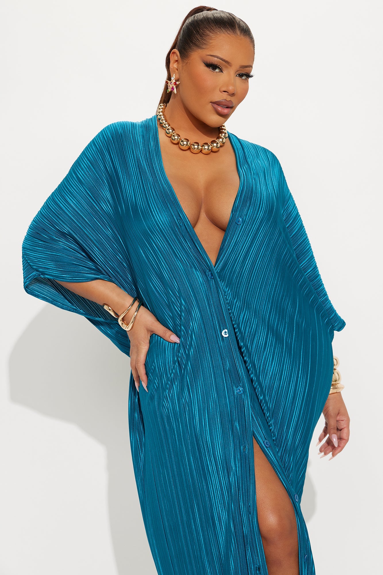 Isa Plisse Maxi Shirt Dress - Teal