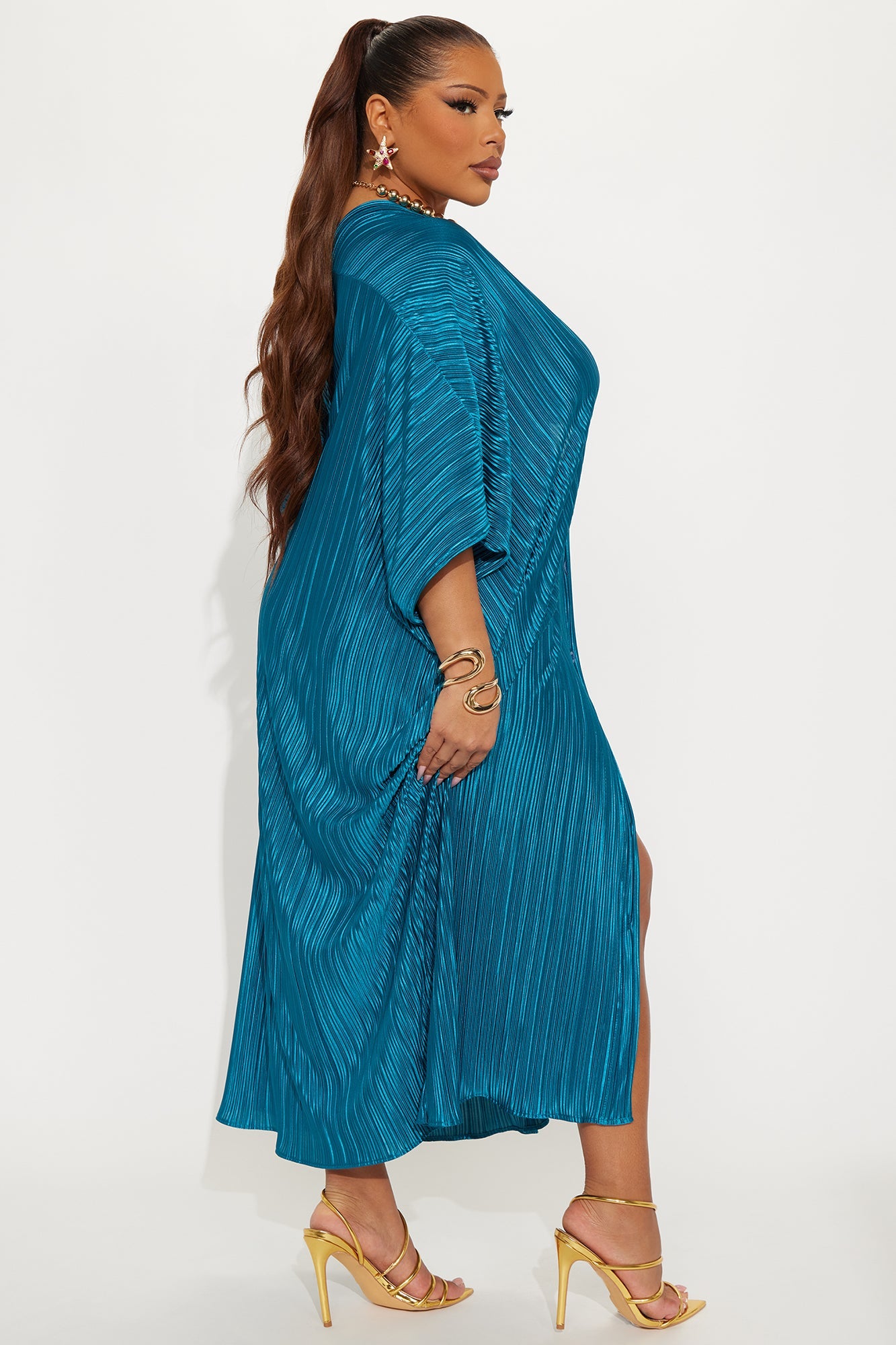 Isa Plisse Maxi Shirt Dress - Teal