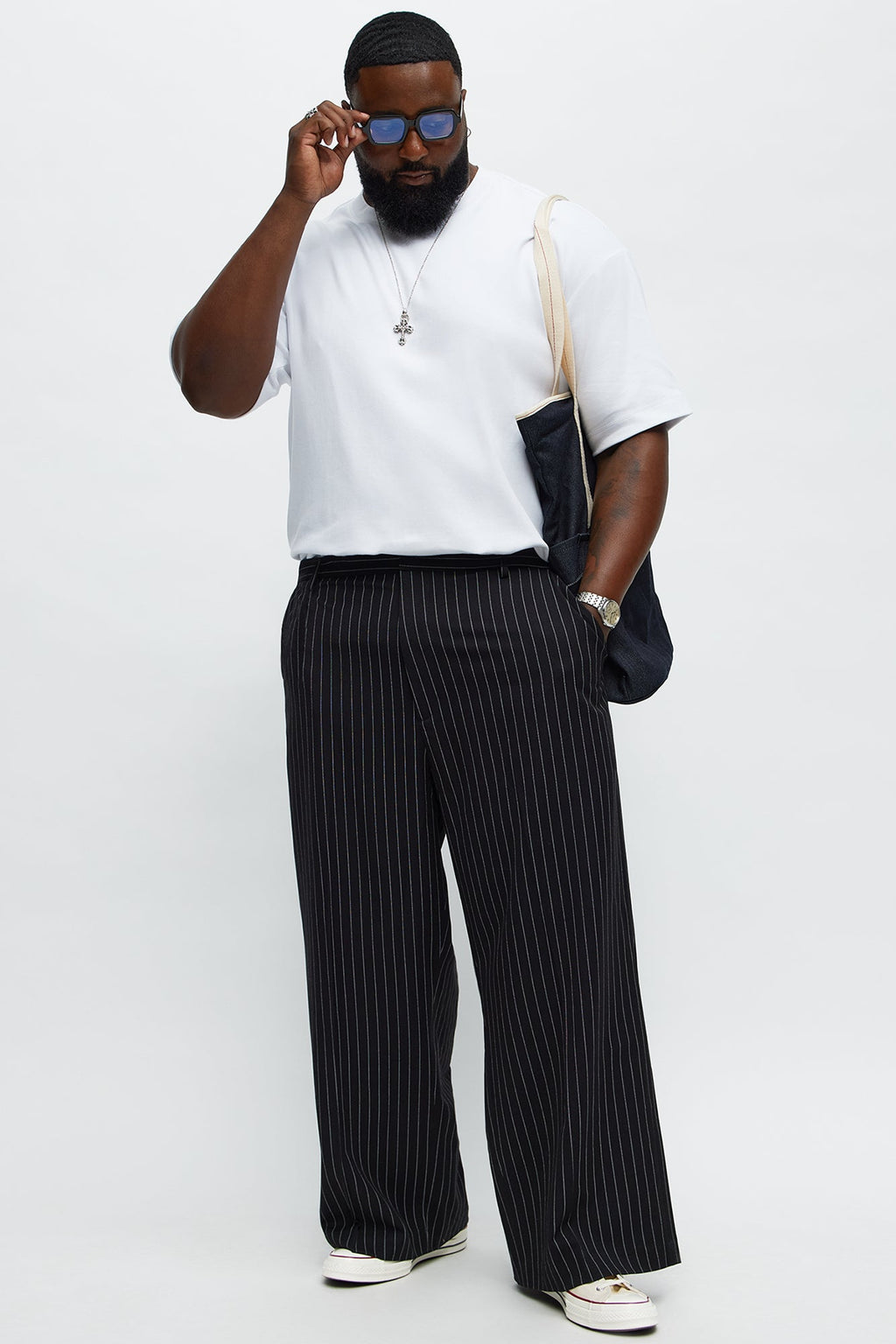 Wide Leg Straight Striped Trousers - Black
