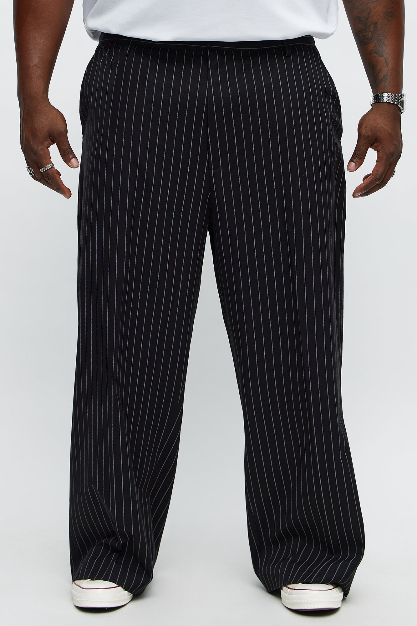Wide Leg Straight Striped Trousers - Black