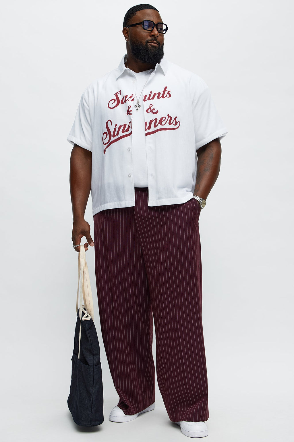 Wide Leg Straight Striped Trousers - Burgundy