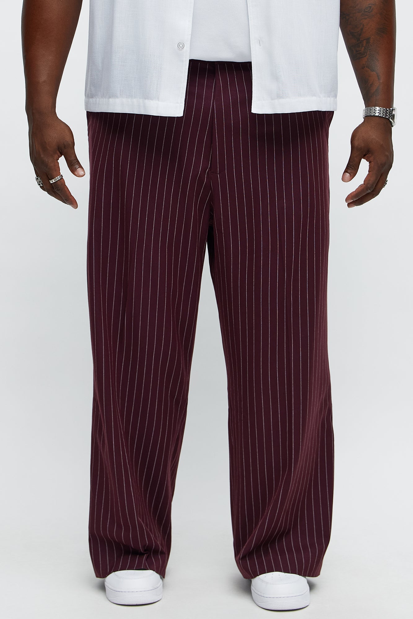 Wide Leg Straight Striped Trousers - Burgundy